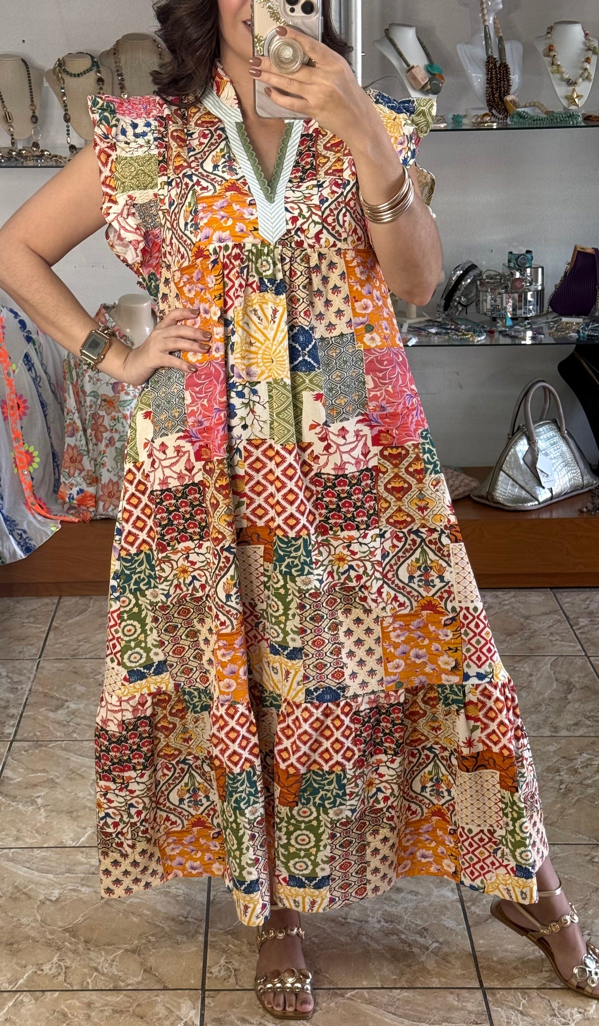 Patchwork Print Ruffle Sleeve Tiered Midi Dress