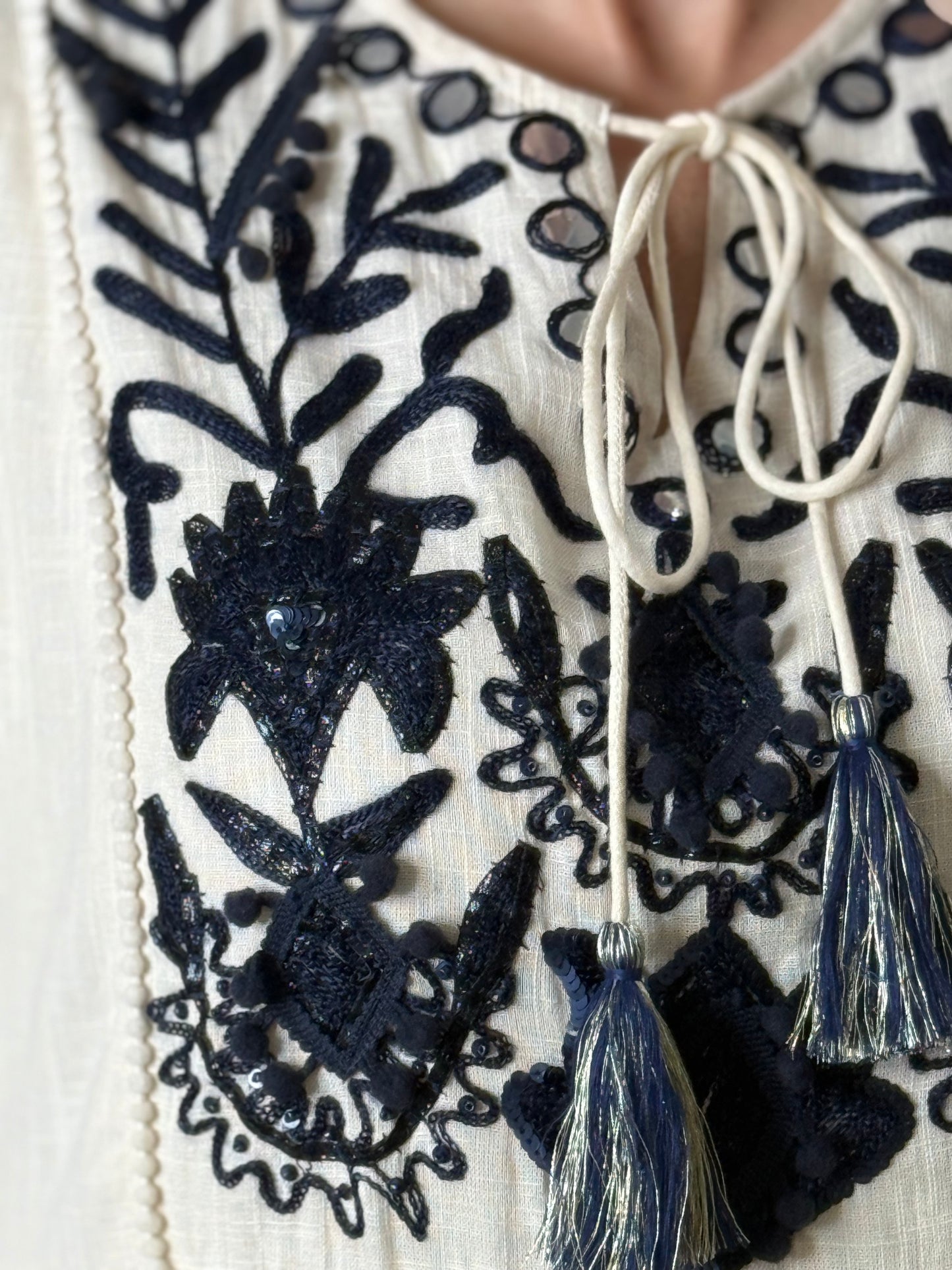 Cream/Navy Embroidered OS Maxi Dress (FINAL SALE)