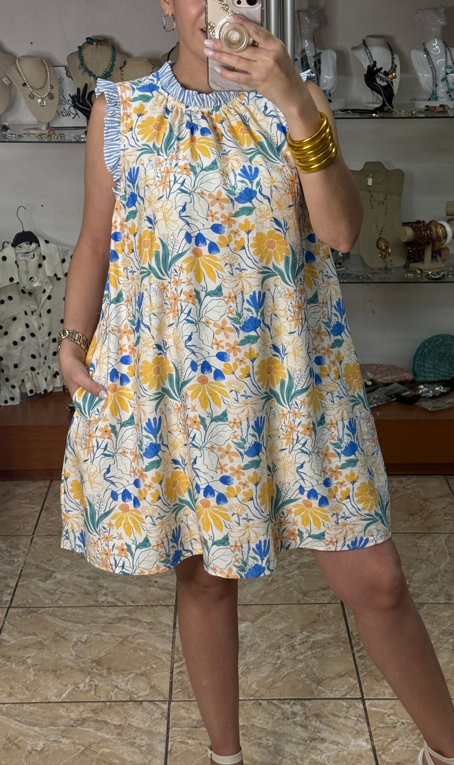 Blue/Yellow Floral Sleeveless Dress
