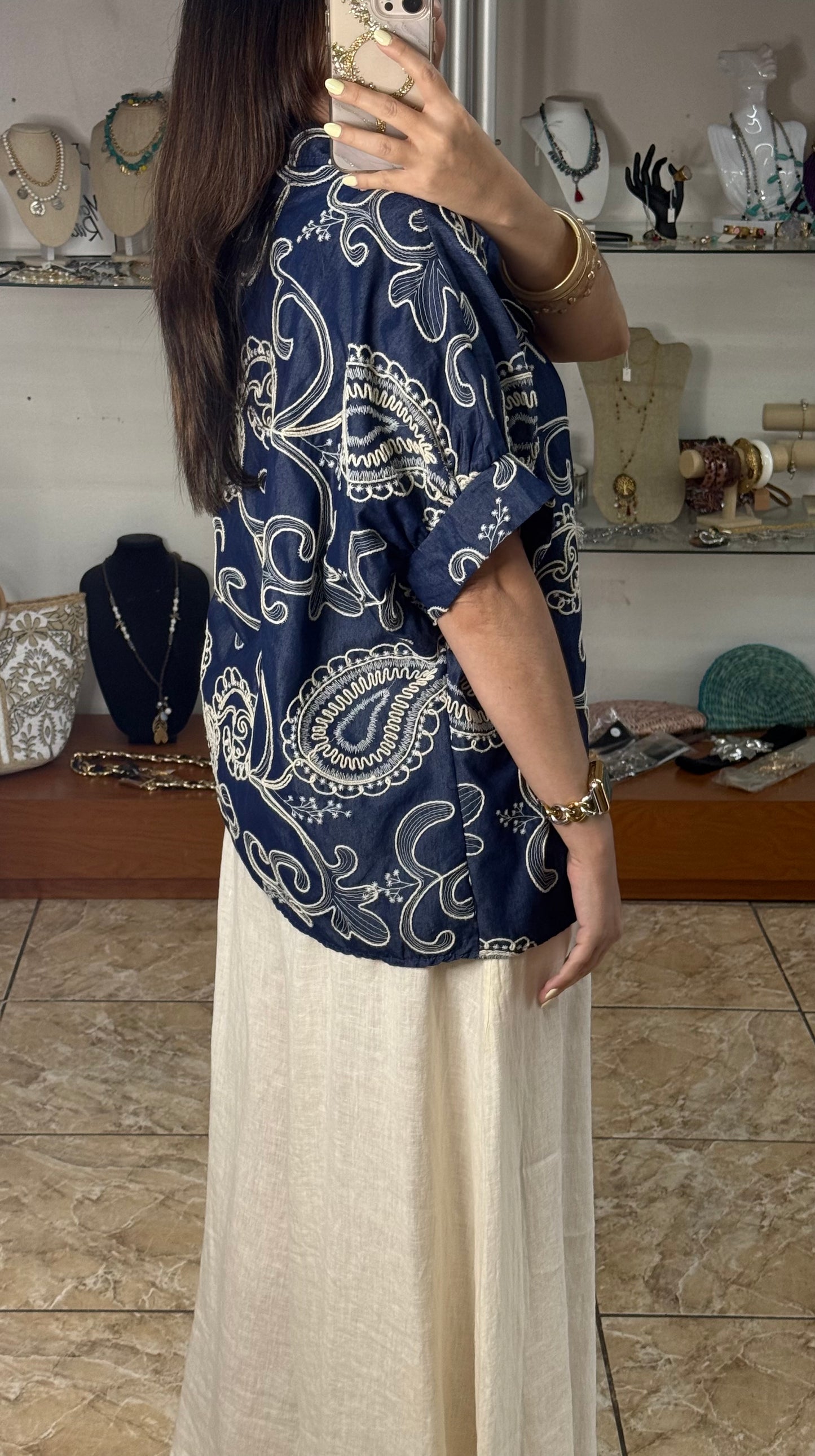 OS Blue Denim Embroidered Tunic Top (NO RETURNS OR EXCHANGE)