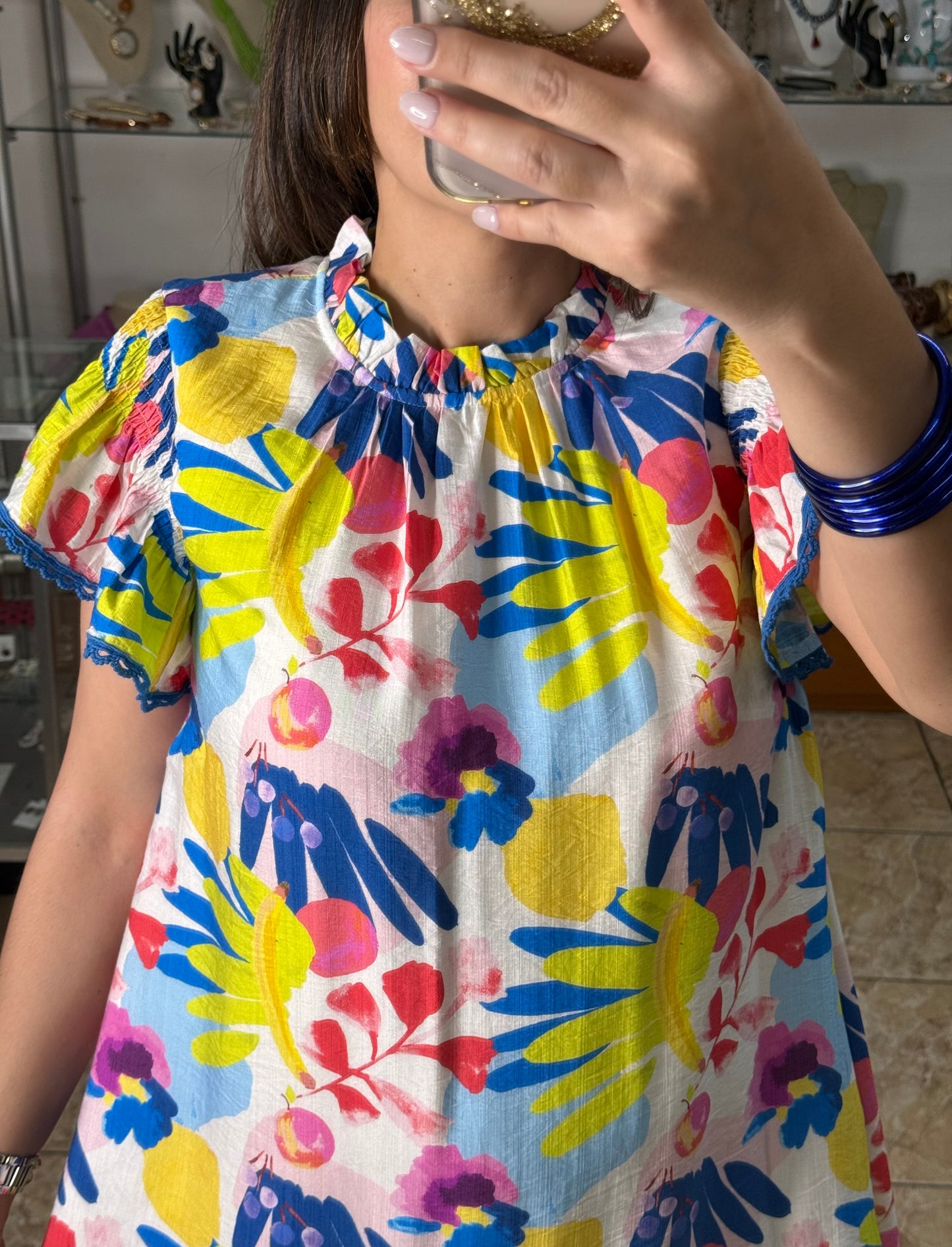 Blue Mix Flutter Sleeves Floral Dress