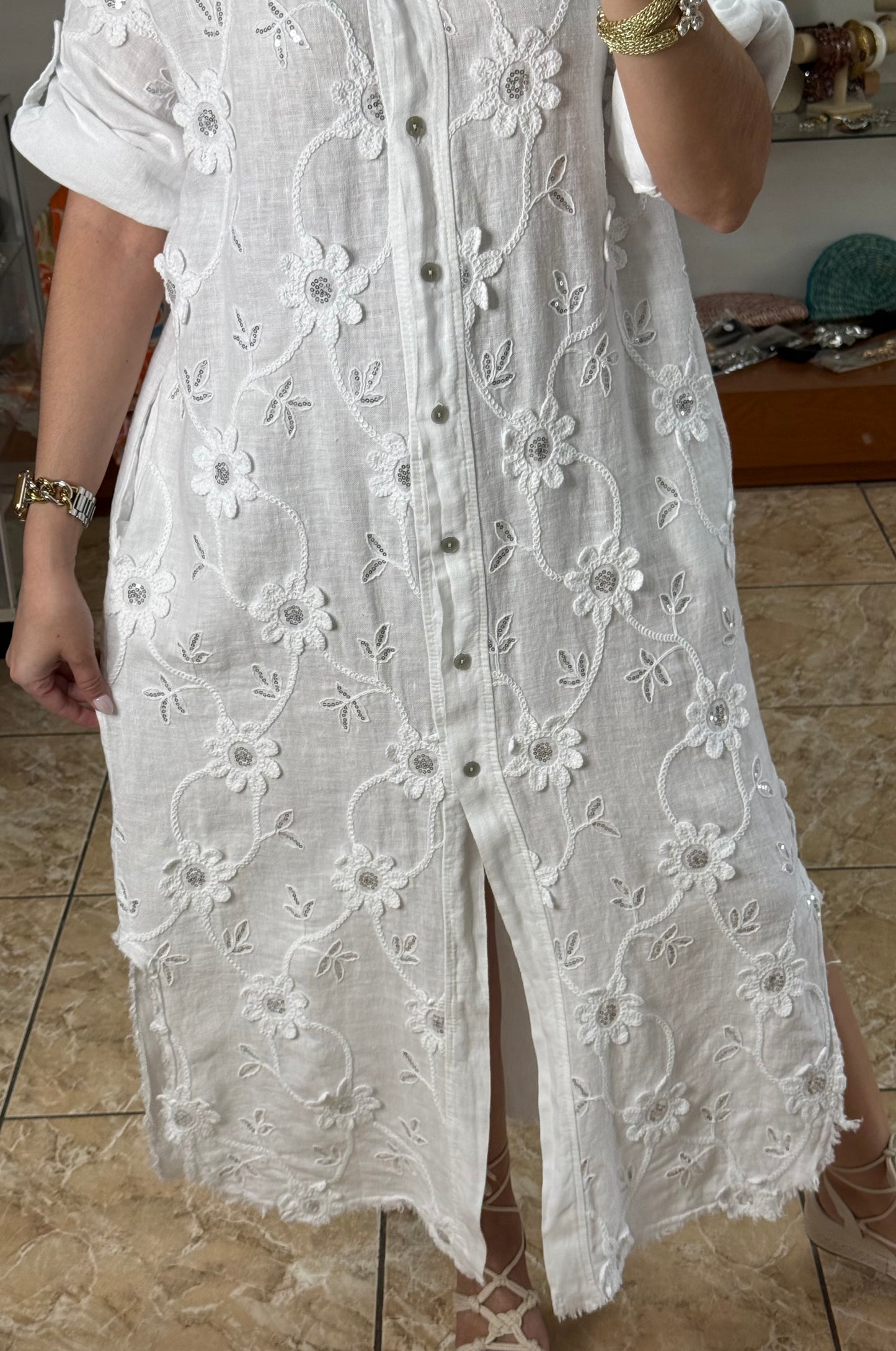OS Embroidered/Sequins Linen Maxi Dress (NO RETURNS OR EXCHANGE)