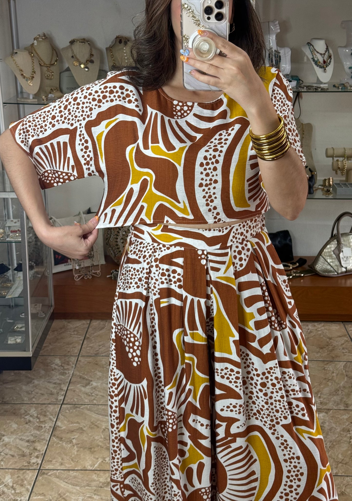 Brown Mix Crop Top and Pant Set