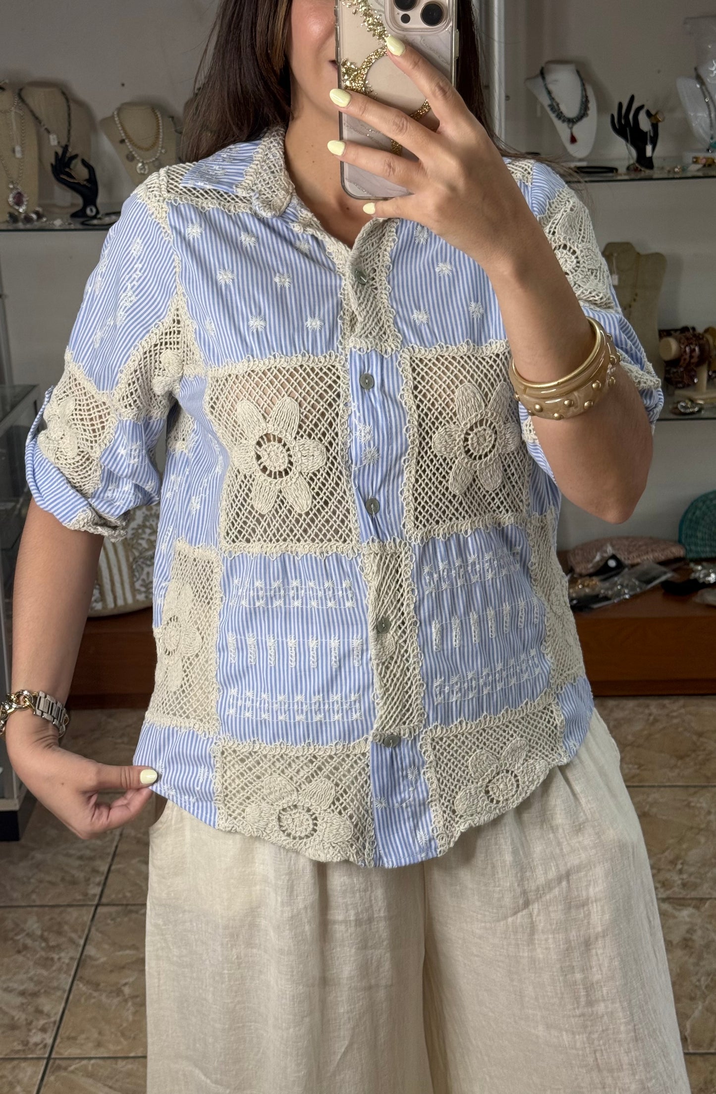 OS Striped Crochet/Embroidered Top (NO RETURNS OR EXCHANGE)