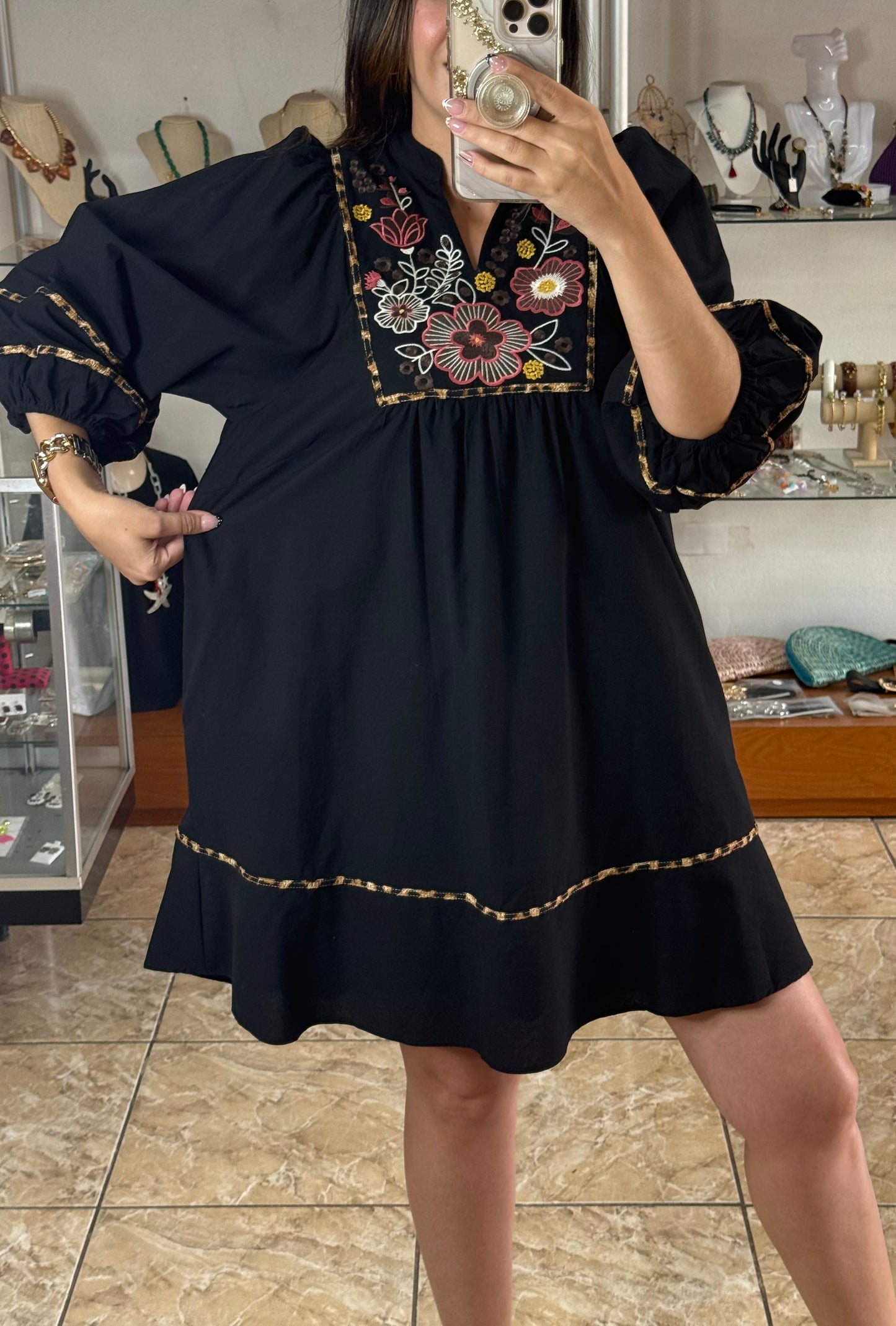 Black/Floral/Leopard Embroidered Dress