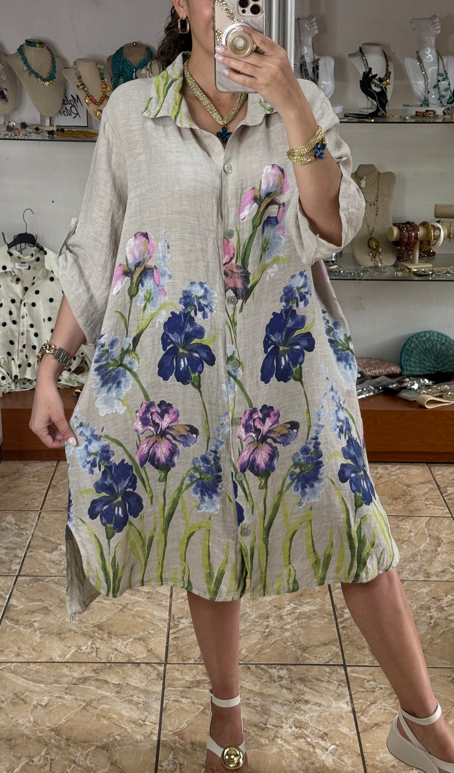 Blue Flowers OS Linen Dress (NO RETURNS OR EXCHANGE)