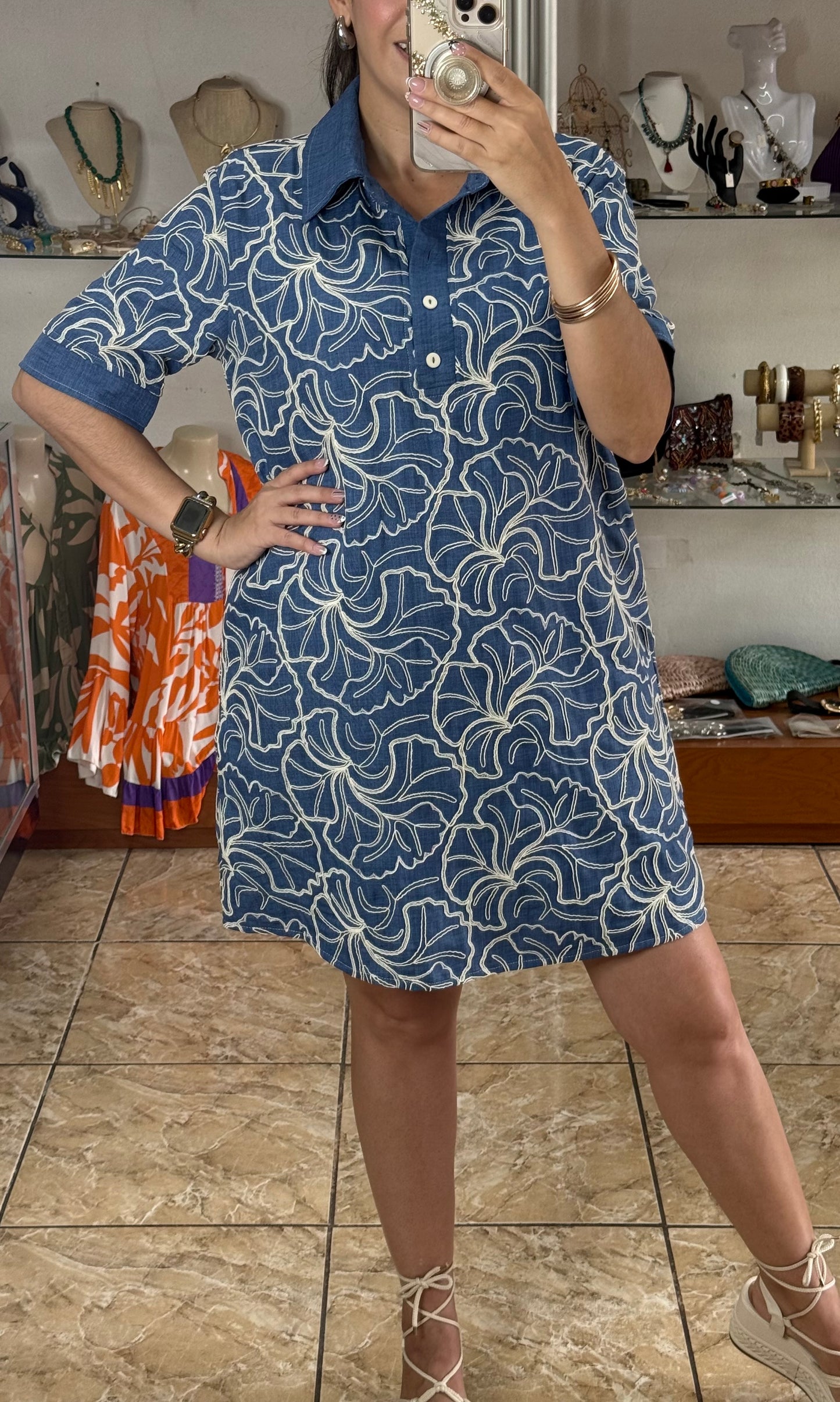 Blue/Cream Polo Style Dress