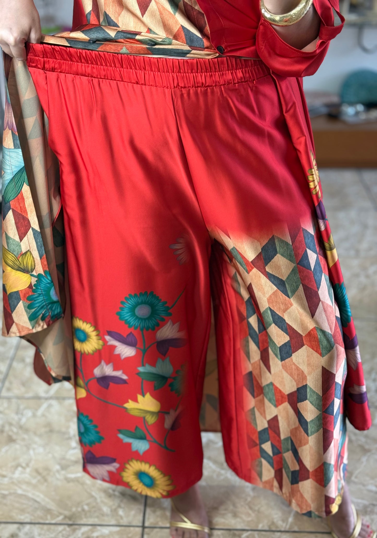 Mix Print OS Silk Top/Dress & Pant Set (NO RETURNS OR EXCHANGE)