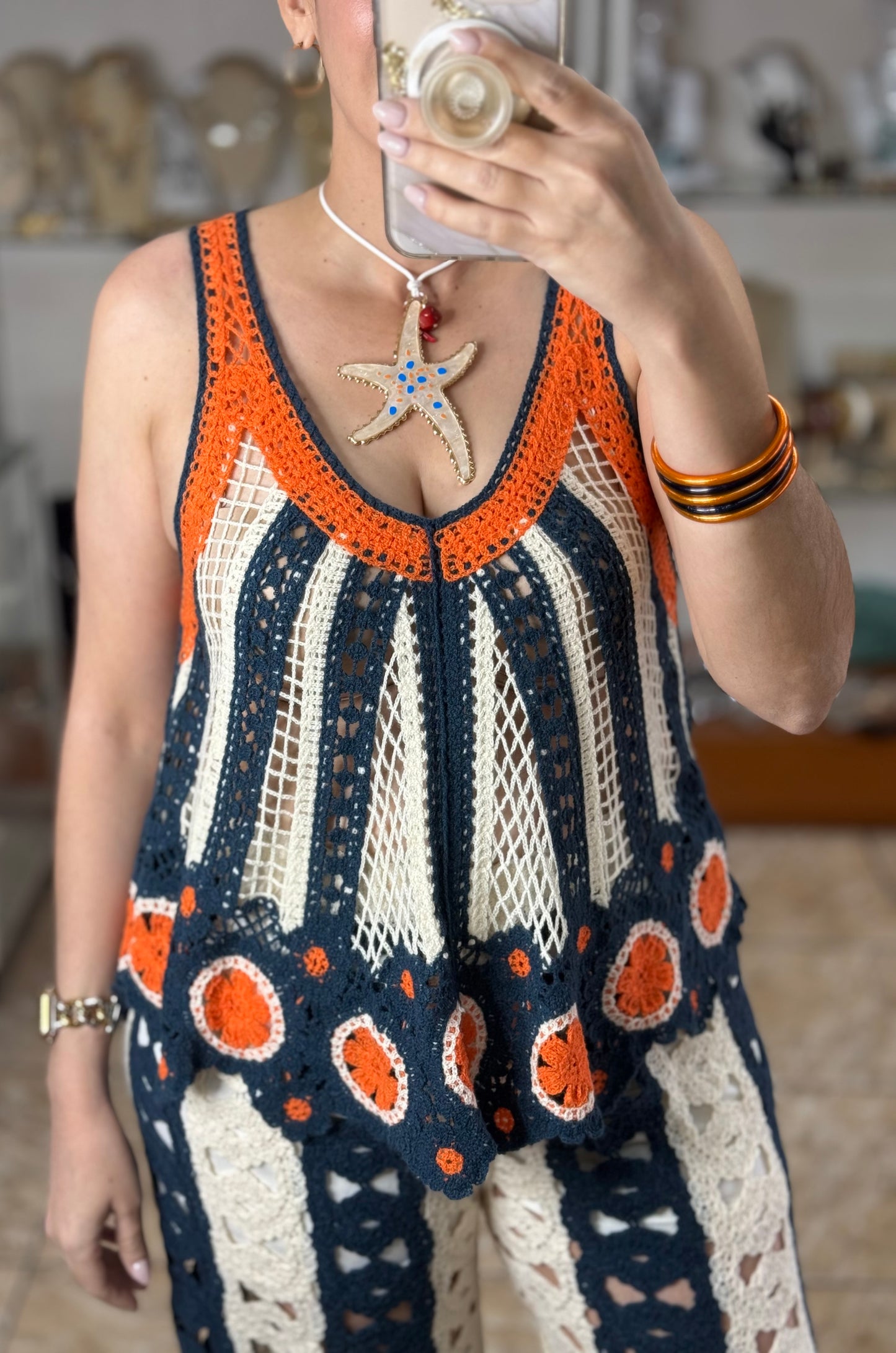 Navy/Orange Mix Crochet OS Top (NO RETURNS OR EXCHANGE) (PANT SOLD SEPARATELY)