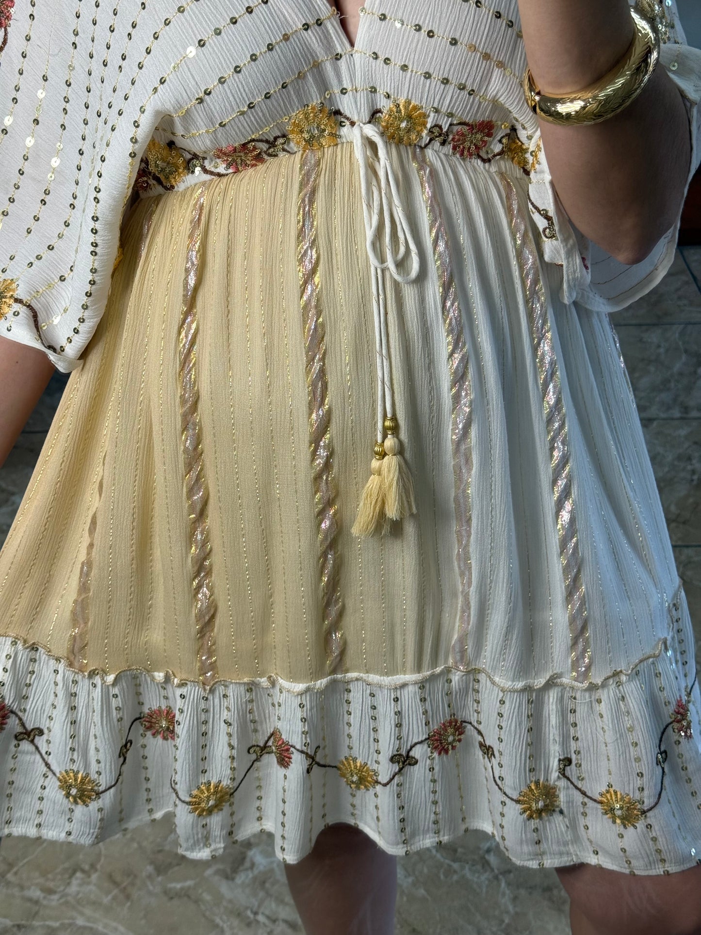 Sequins Floral Embroidered OS Boho Short Dress (NO RETURNS OR EXCHANGE)