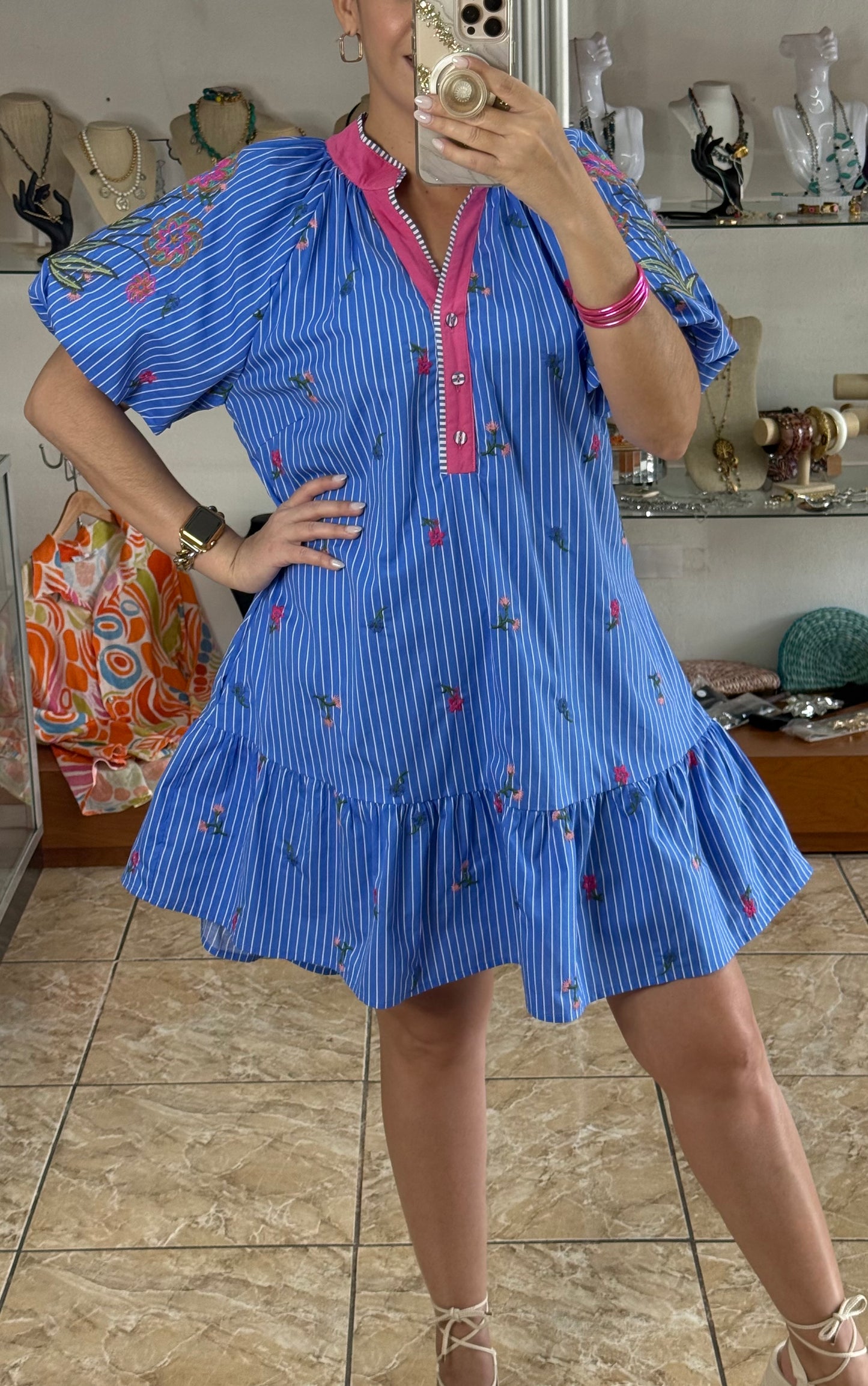 Puff Sleeves Floral Embroidered Mini Dress