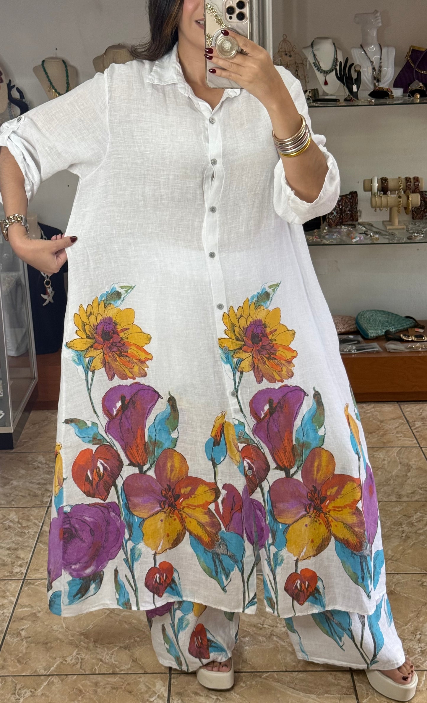 OS Shirt Dress & Pant Floral Linen Set (NO RETURNS OR EXCHANGE)