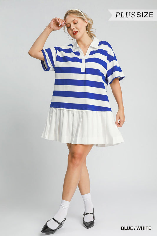 Stripes Polo Pleated Mini Dress (PLUS)