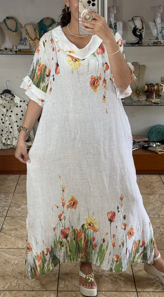 Orange Flowers OS Linen Maxi Dress (NO RETURNS OR EXCHANGE)