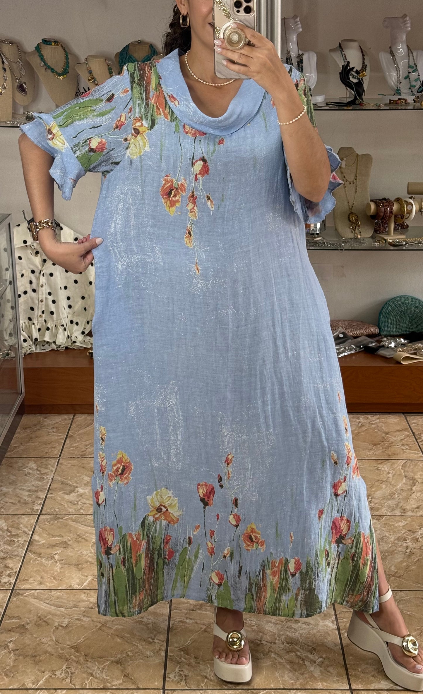 Orange Flowers OS Linen Maxi Dress (NO RETURNS OR EXCHANGE)