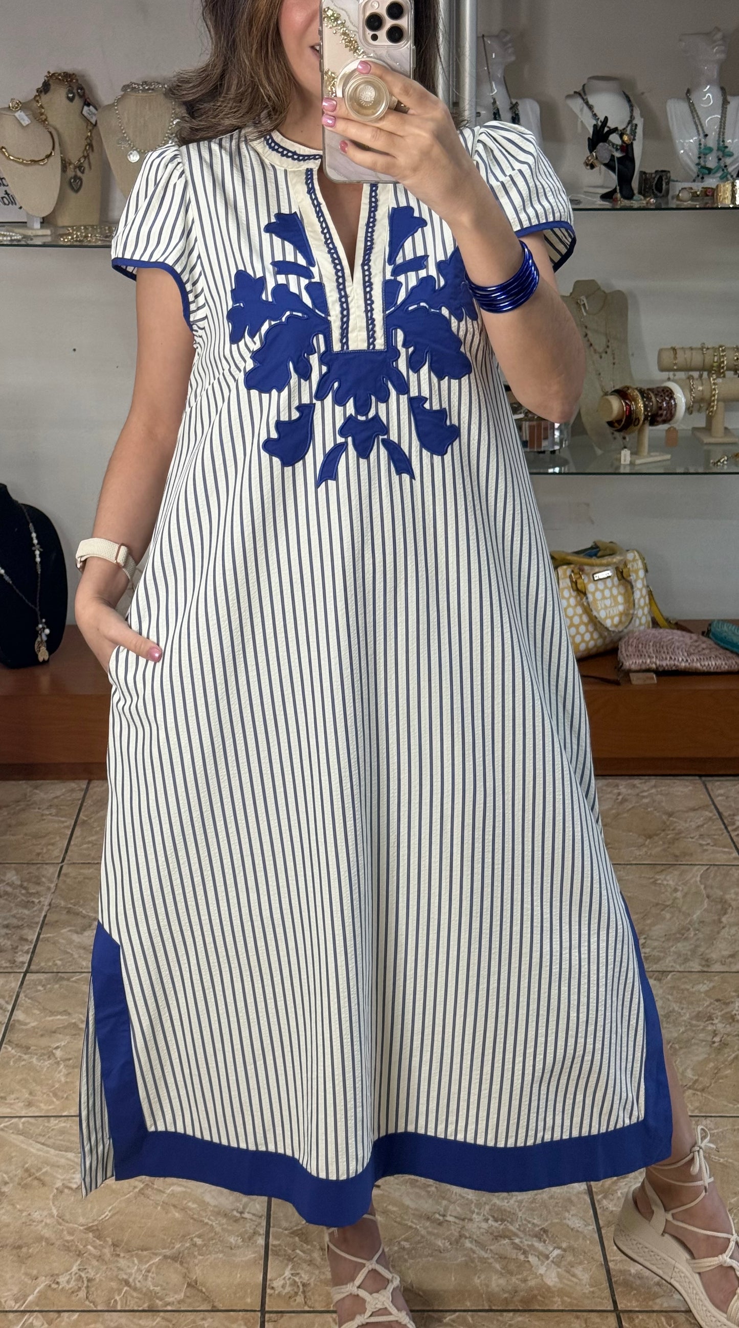 Stripes Embroidered Midi Dress