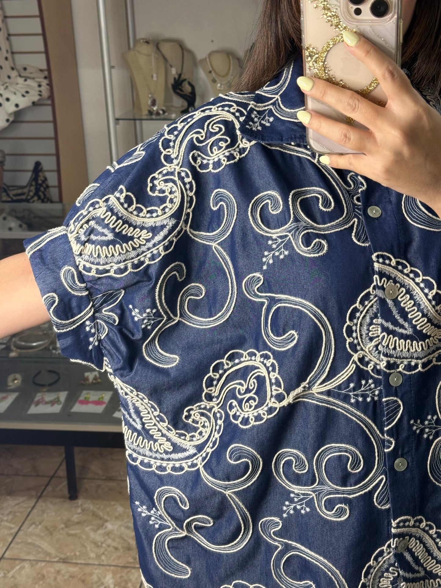 OS Blue Denim Embroidered Tunic Top (NO RETURNS OR EXCHANGE)