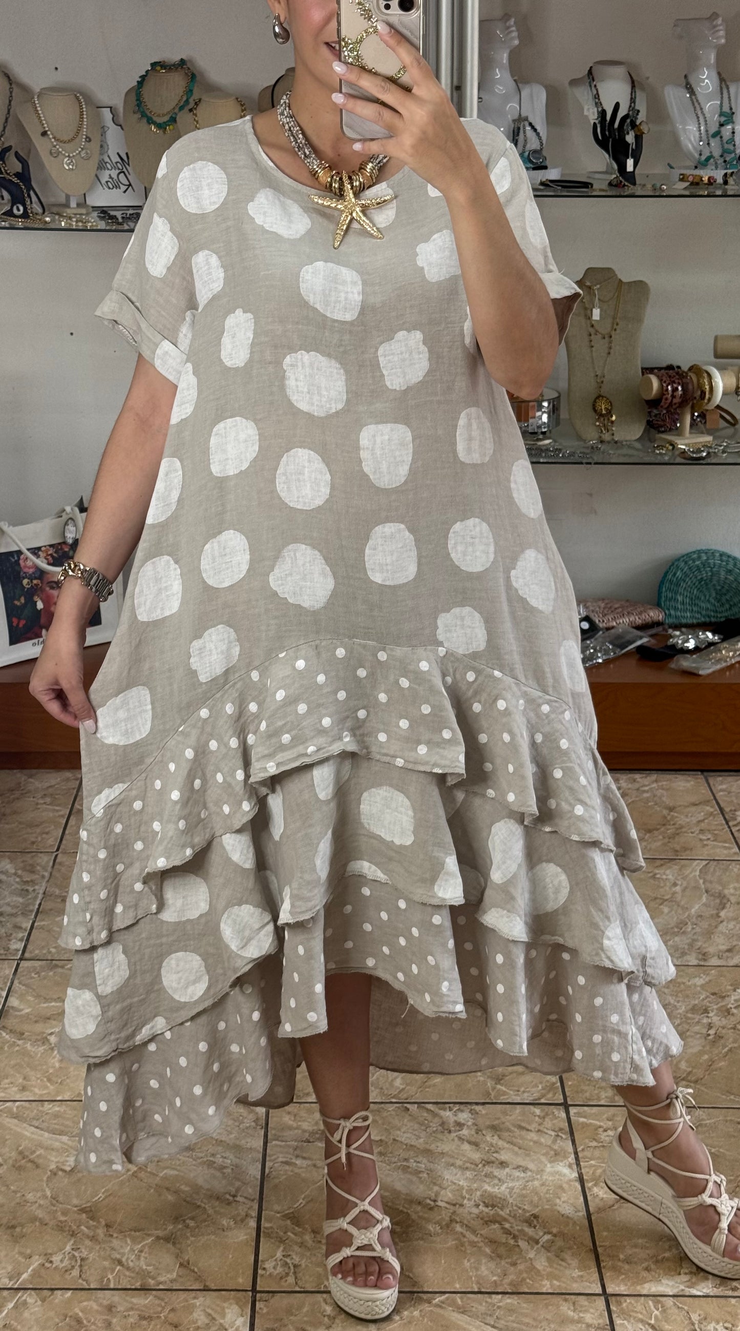 Polka OS Ruffle Tiered Linen Midi Dress (NO RETURNS OR EXCHANGE)