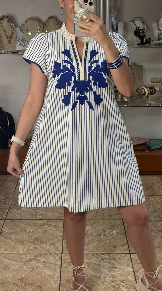 Blue Stripes Embroidered Short Dress