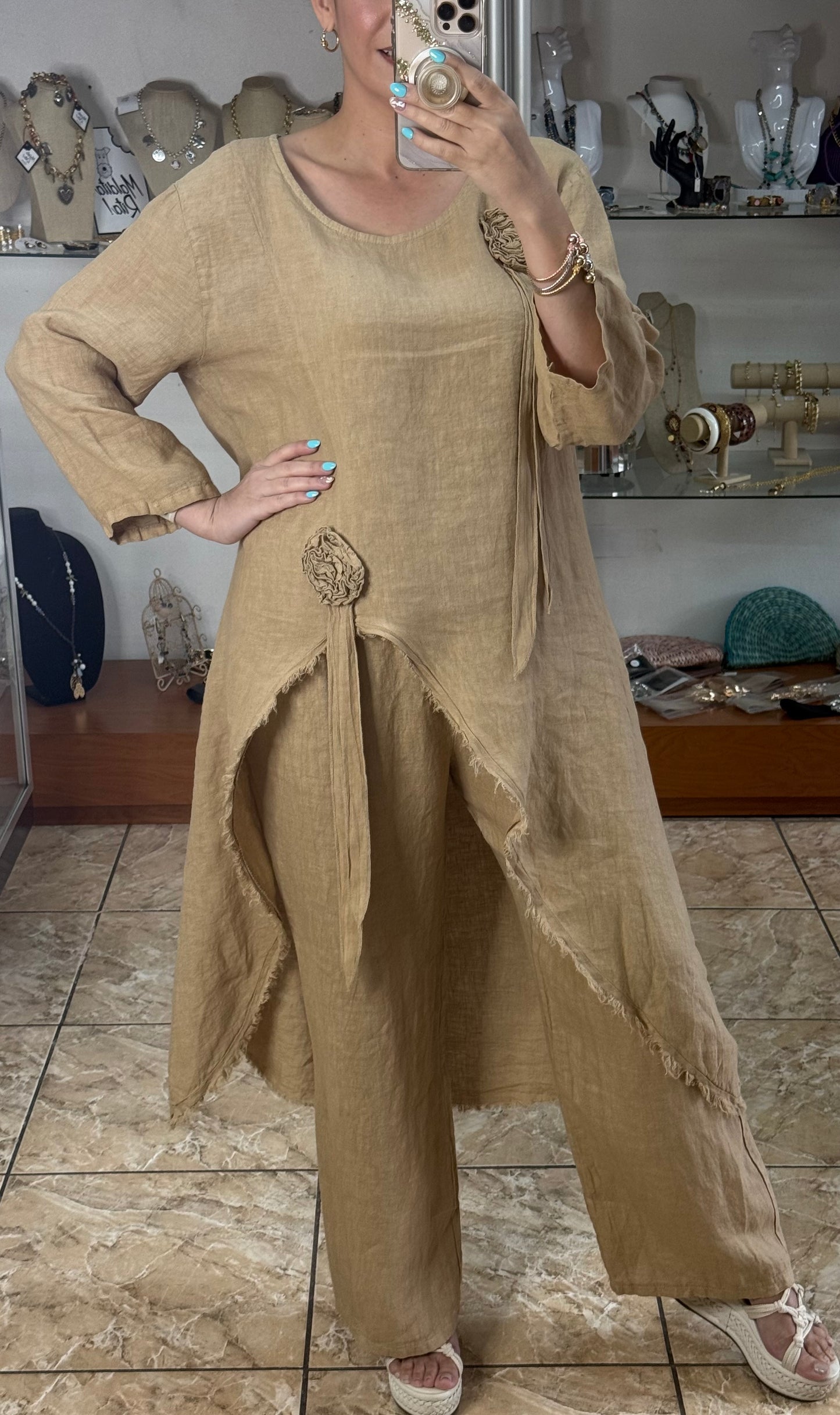 Camel OS Asymmetrical Top and Pant Linen Set (NO RETURNS OR EXCHANGE)