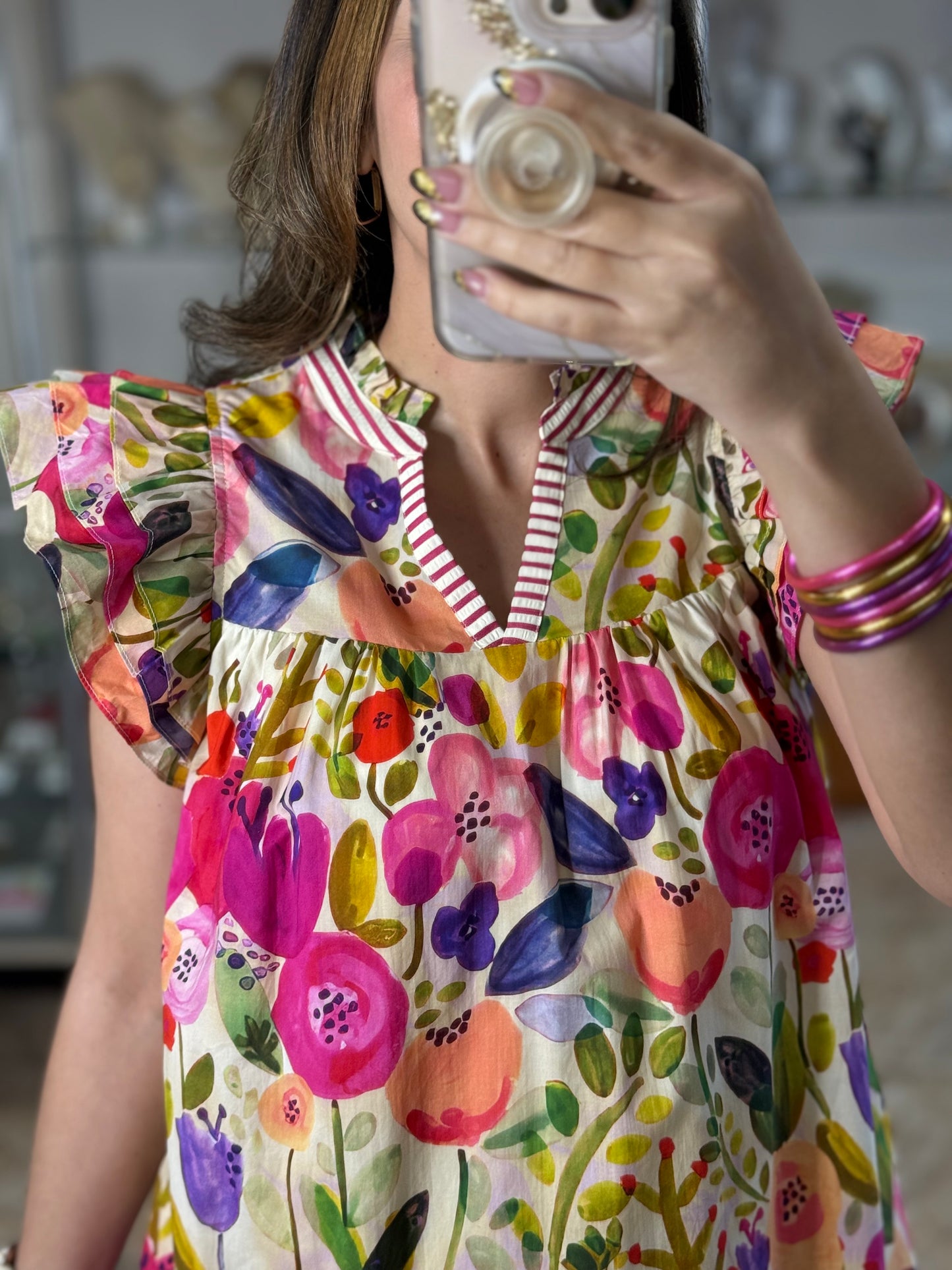 Pink Mix Flutter Sleeves Floral Dress