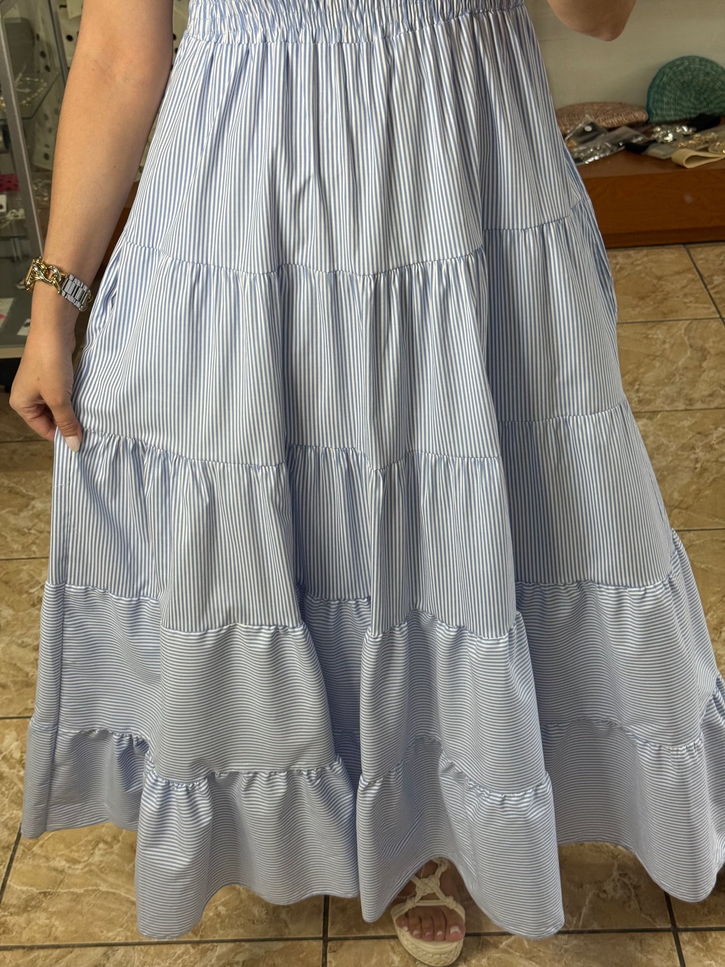 Blue Stripes Puff Sleeves OS Maxi Dress (NO RETURNS OR EXCHANGE)