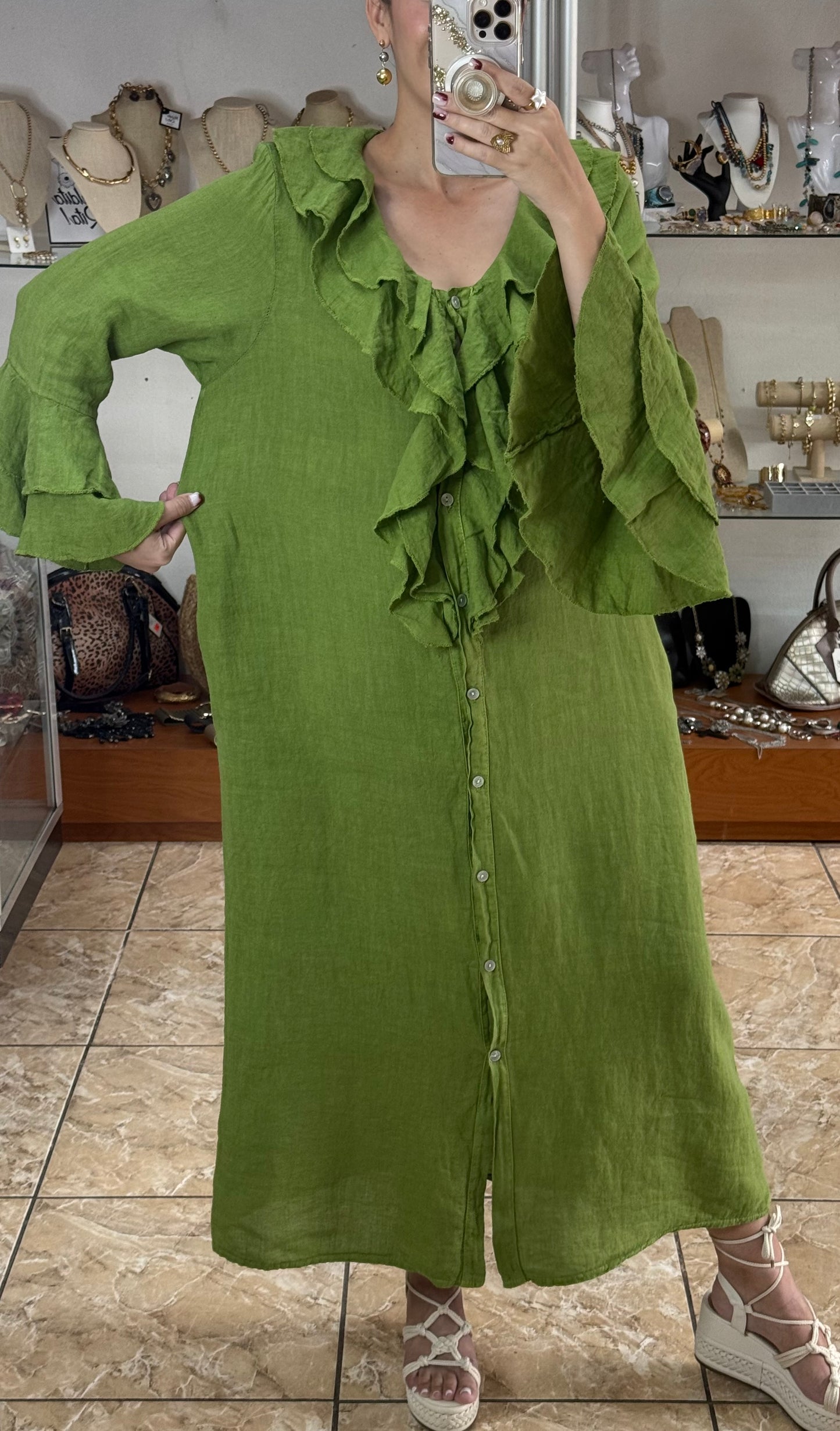 Ruffle Details OS Linen Maxi Dress (FINAL SALE)