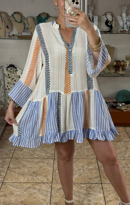 Stripes Mix with Sequins Boho Mini Dress (NO RETURNS OR EXCHANGE)