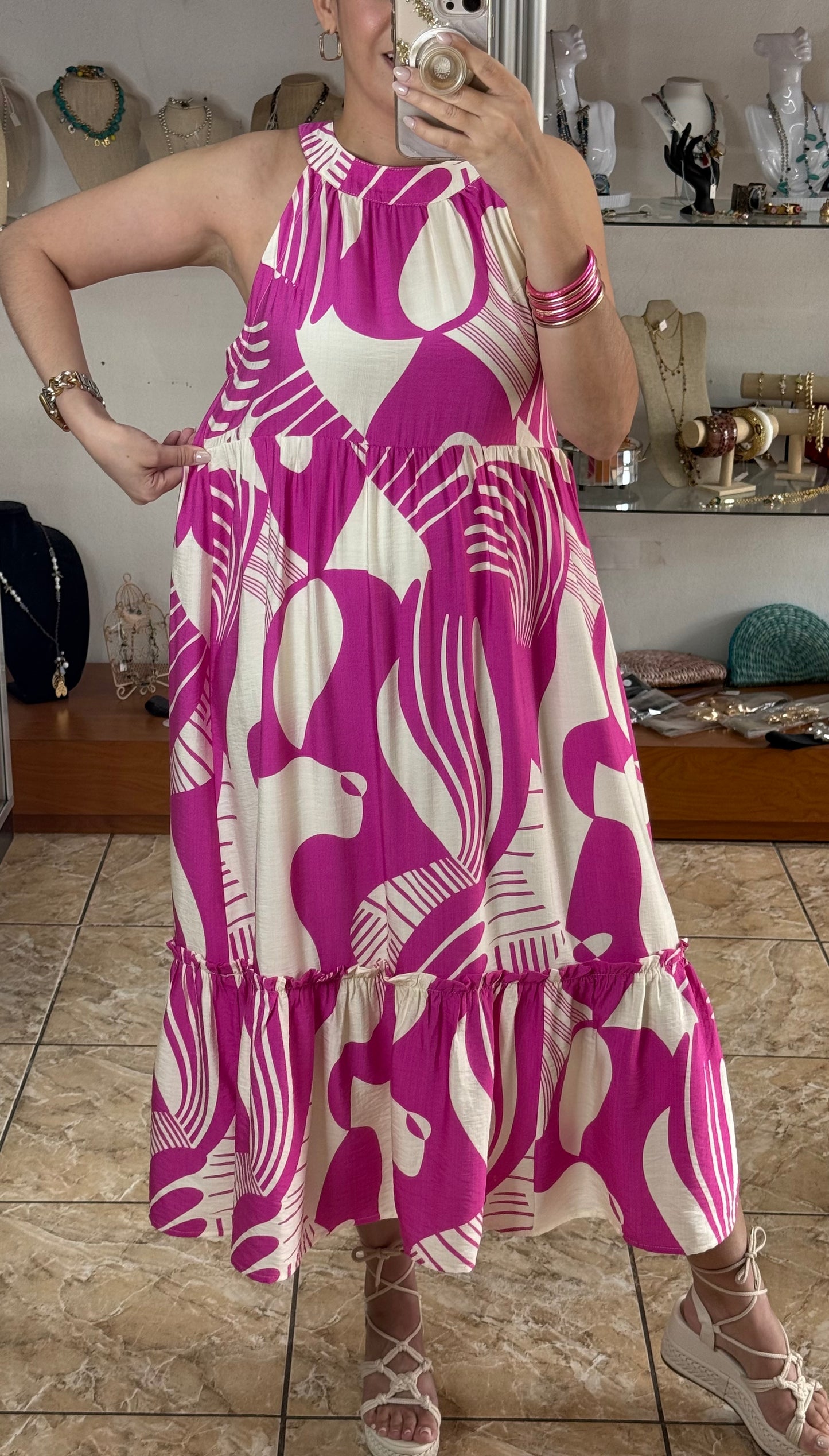 Fuchsia Mix Halter Midi Dress