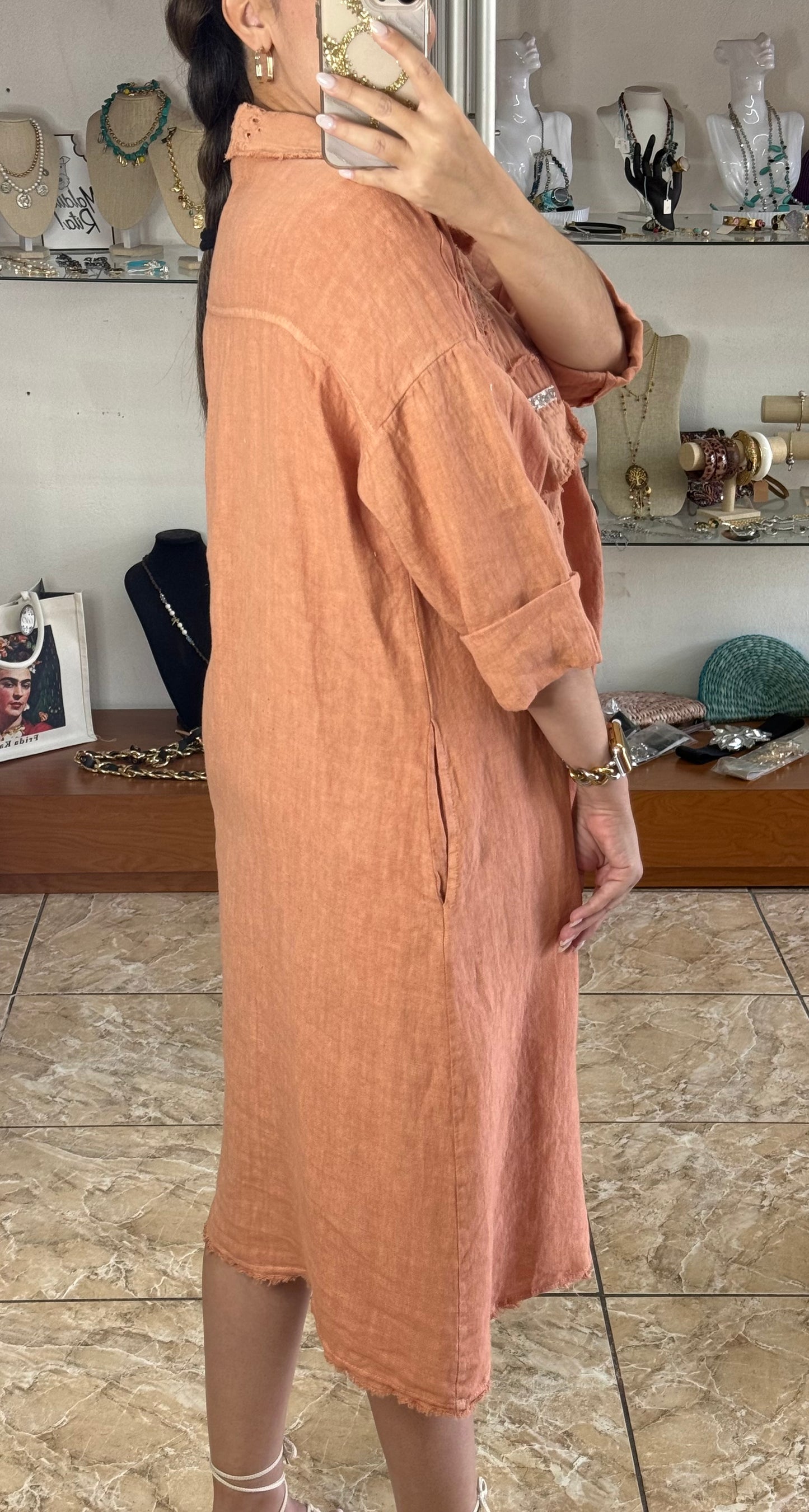 Long Sleeves OS Linen Midi Dress (NO RETURNS OR EXCHANGE)