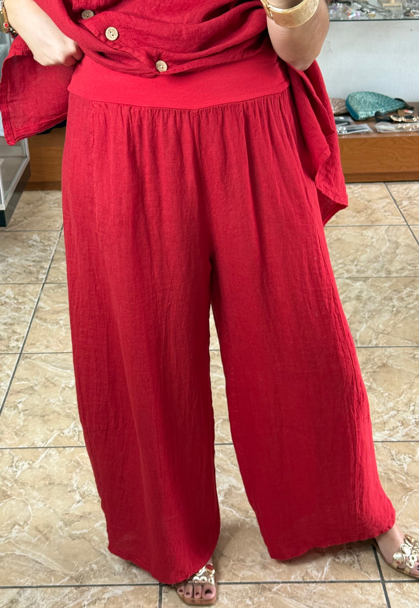 OS Linen Asymmetrical Top & Barrel Pant Set (NO RETURNS OR EXCHANGE)