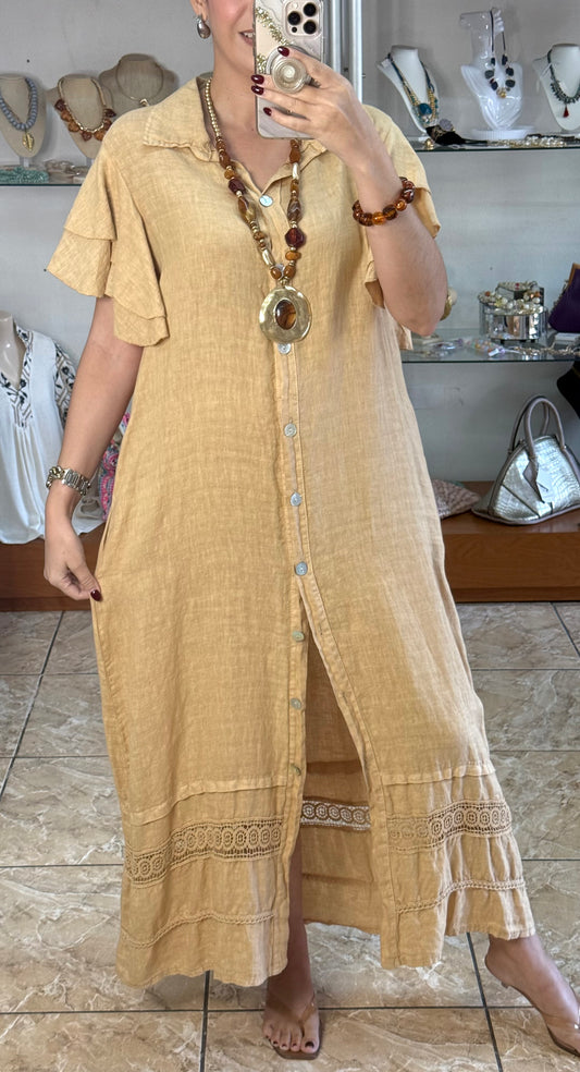 OS Ruffle Sleeves Button Down Linen Dress (NO RETURNS OR EXCHANGE)