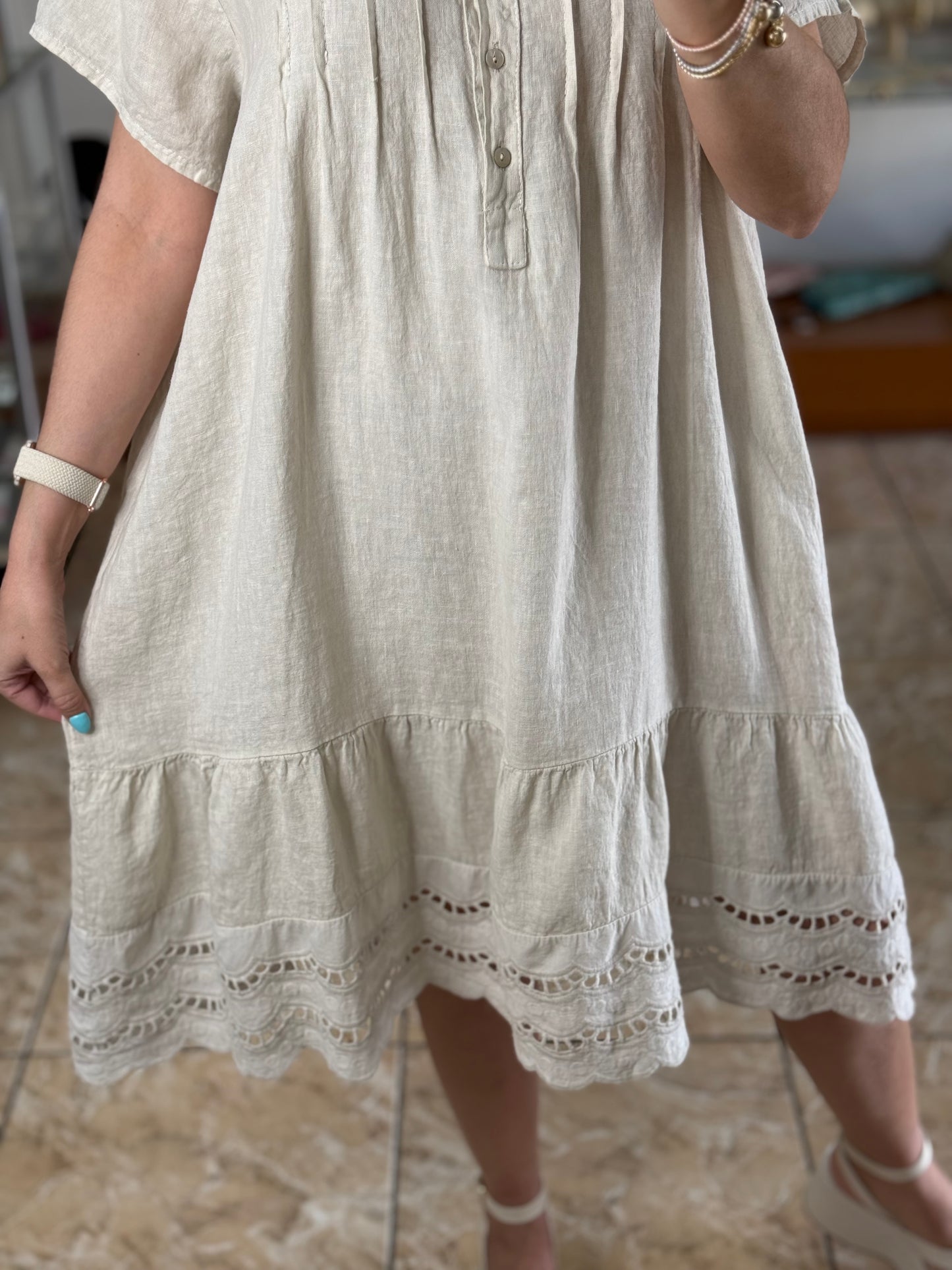 Eyelet Trim OS Linen Midi Dress (FINAL SALE)