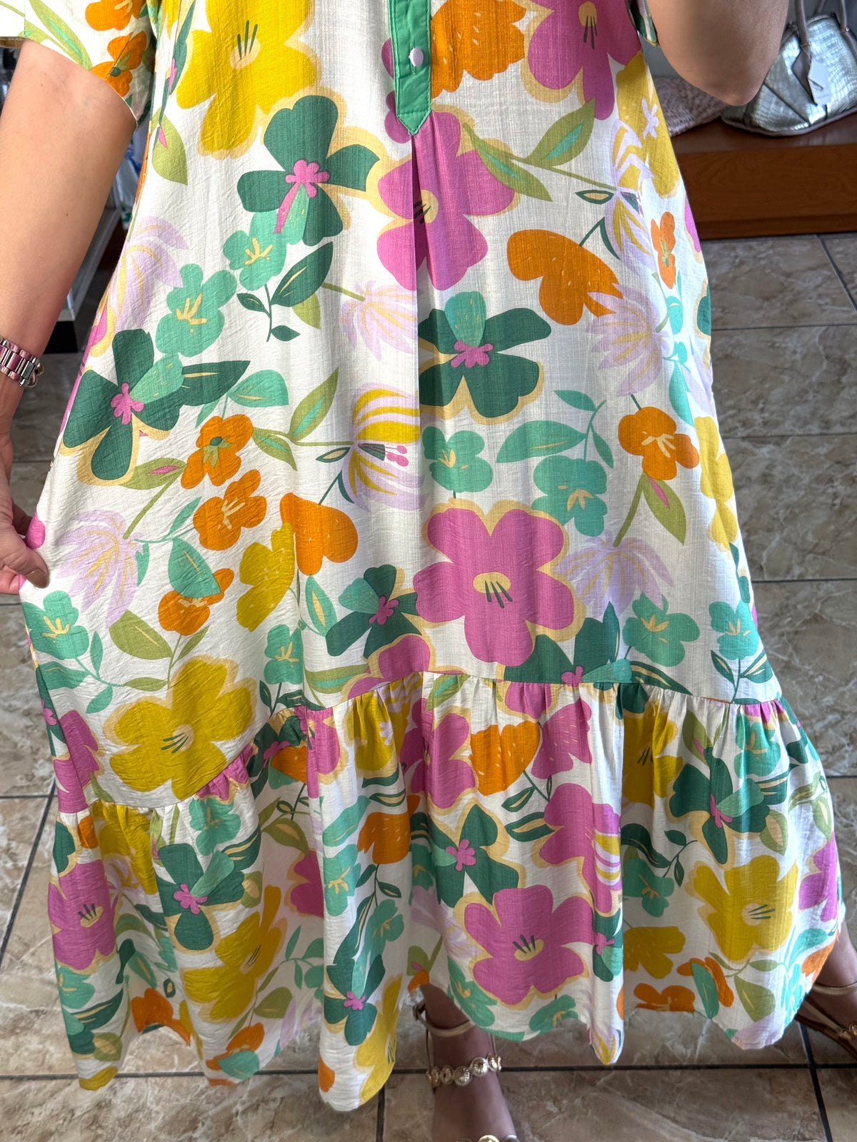 Green Mix Floral Tiered Midi Dress