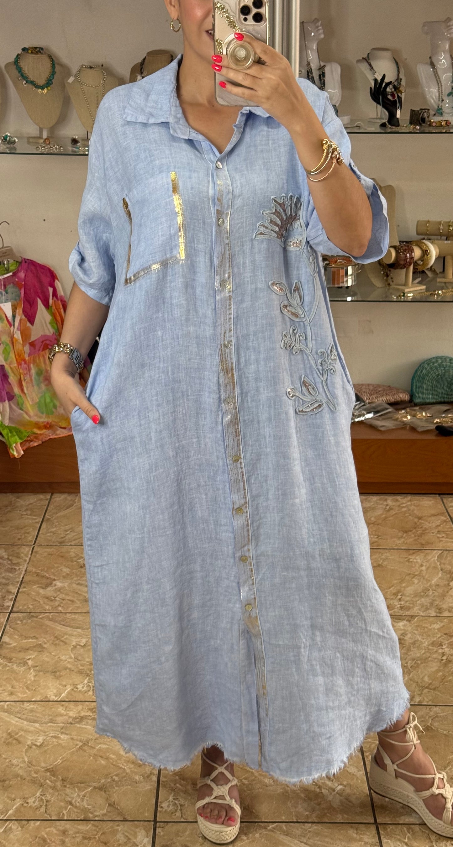 Gold Details Button Down OS Linen Maxi Dress (NO RETURNS OR EXCHANGE)