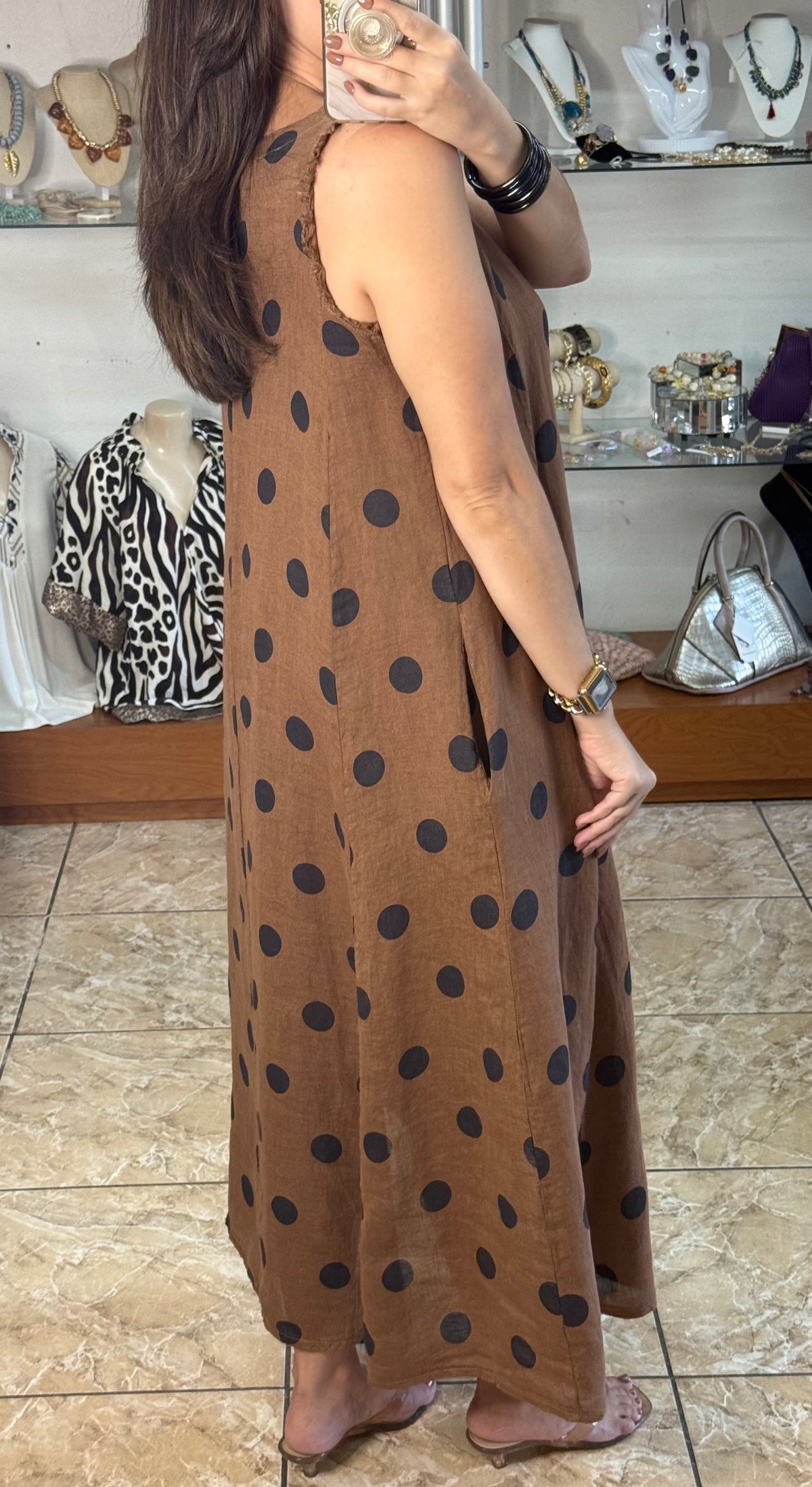 OS Linen Sleeveless Polka Dots Dress (NO RETURNS OR EXCHANGE)