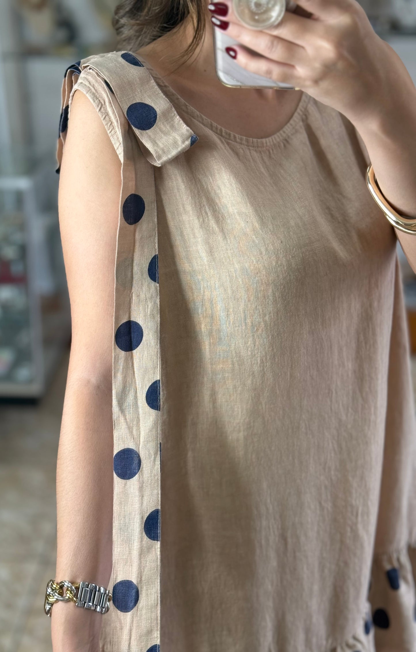 Navy Polkadots OS Linen Short Dress (NO RETURNS OR EXCHANGE)