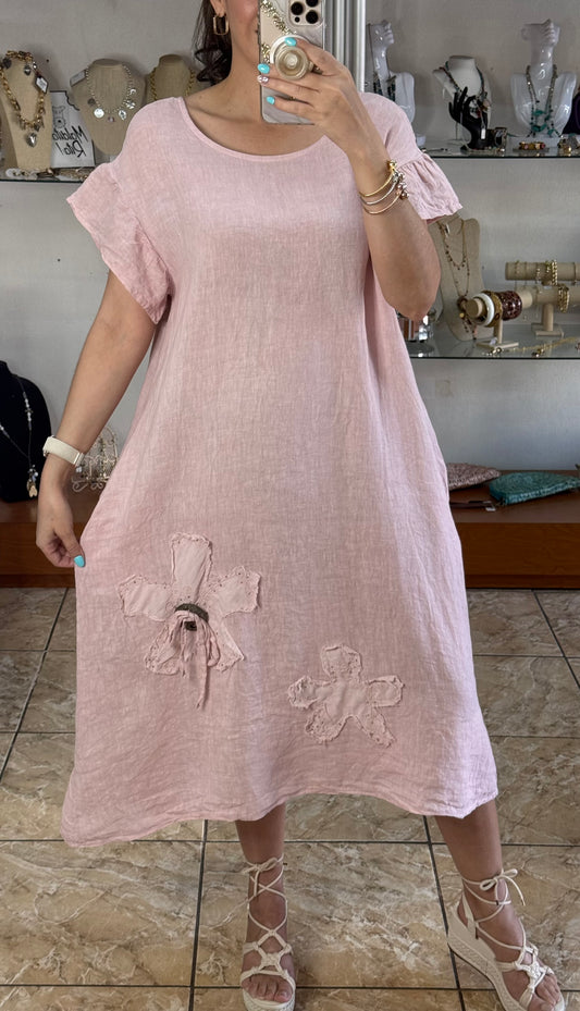 Soft Pink OS Linen Midi Dress (NO RETURNS OR EXCHANGE)