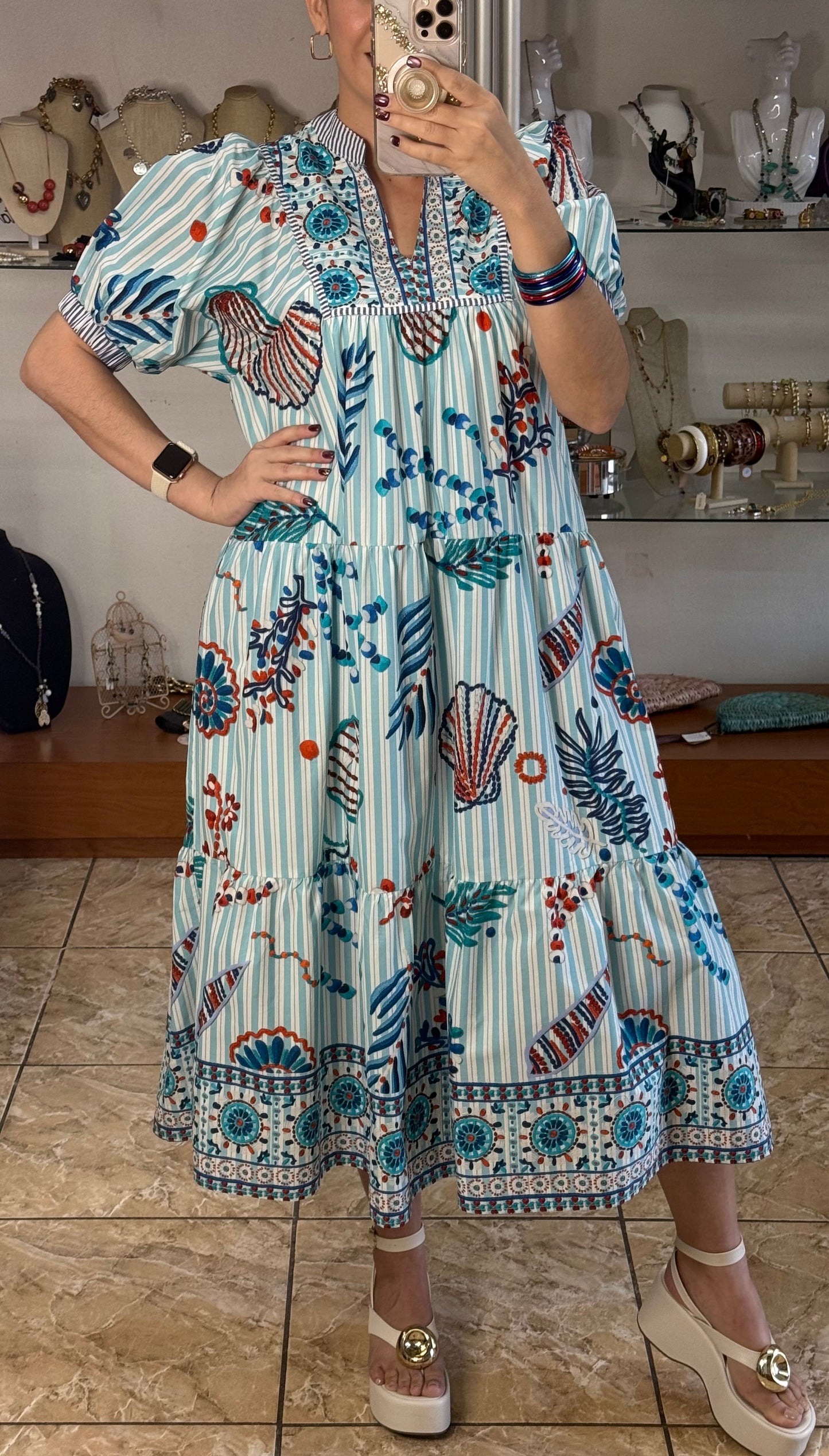 Blue Stripes and Shells Midi Dress