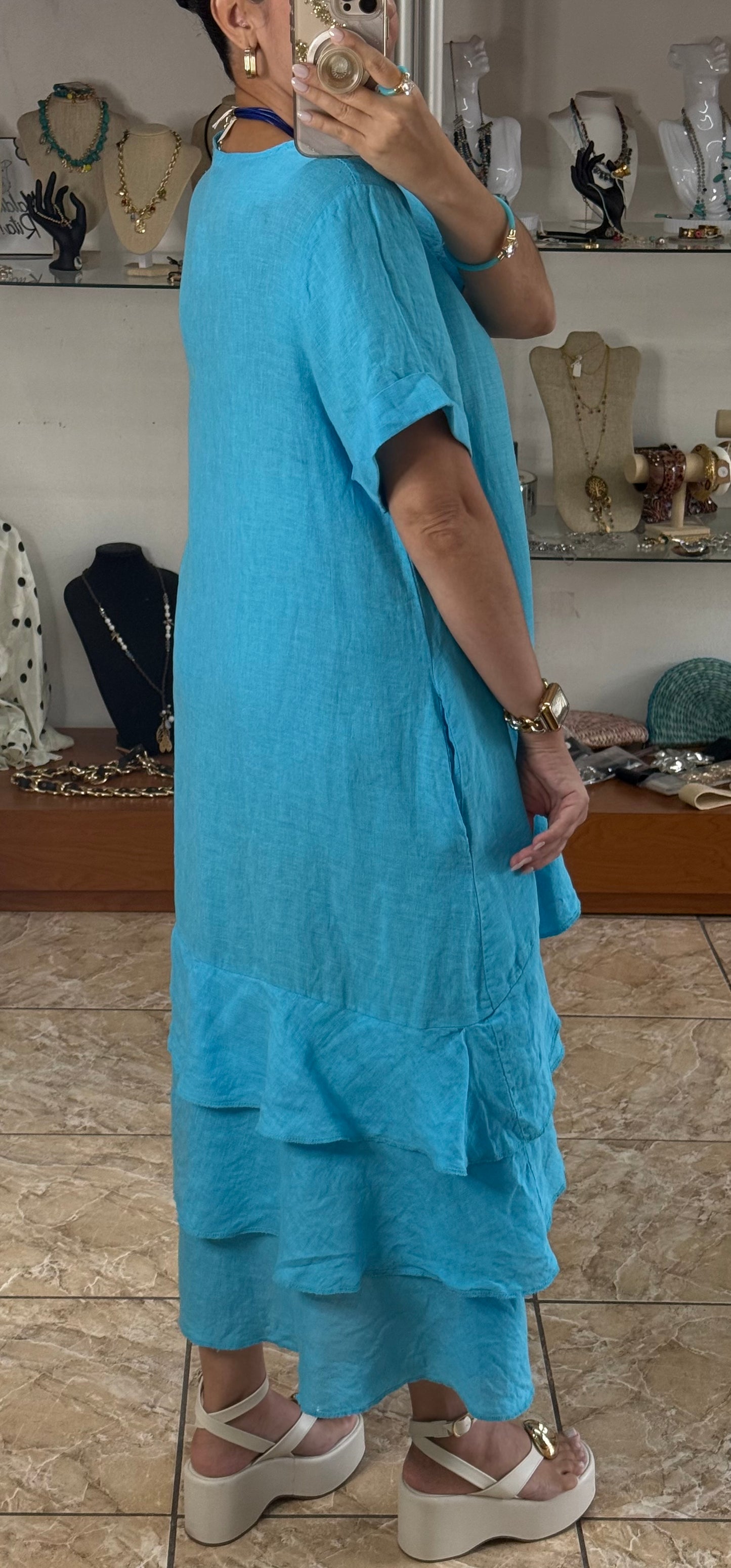 OS Ruffle Tiered Linen Midi Dress (NO RETURNS OR EXCHANGE)