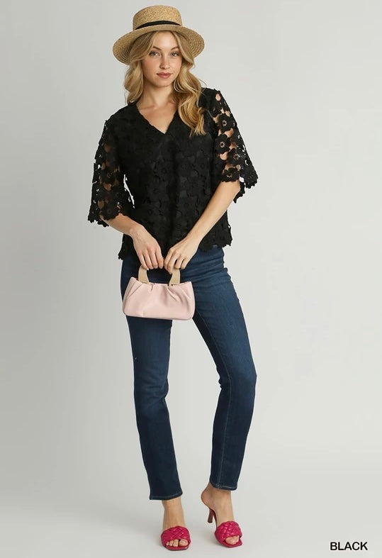 Scalloped Floral Lace V-Neck Top