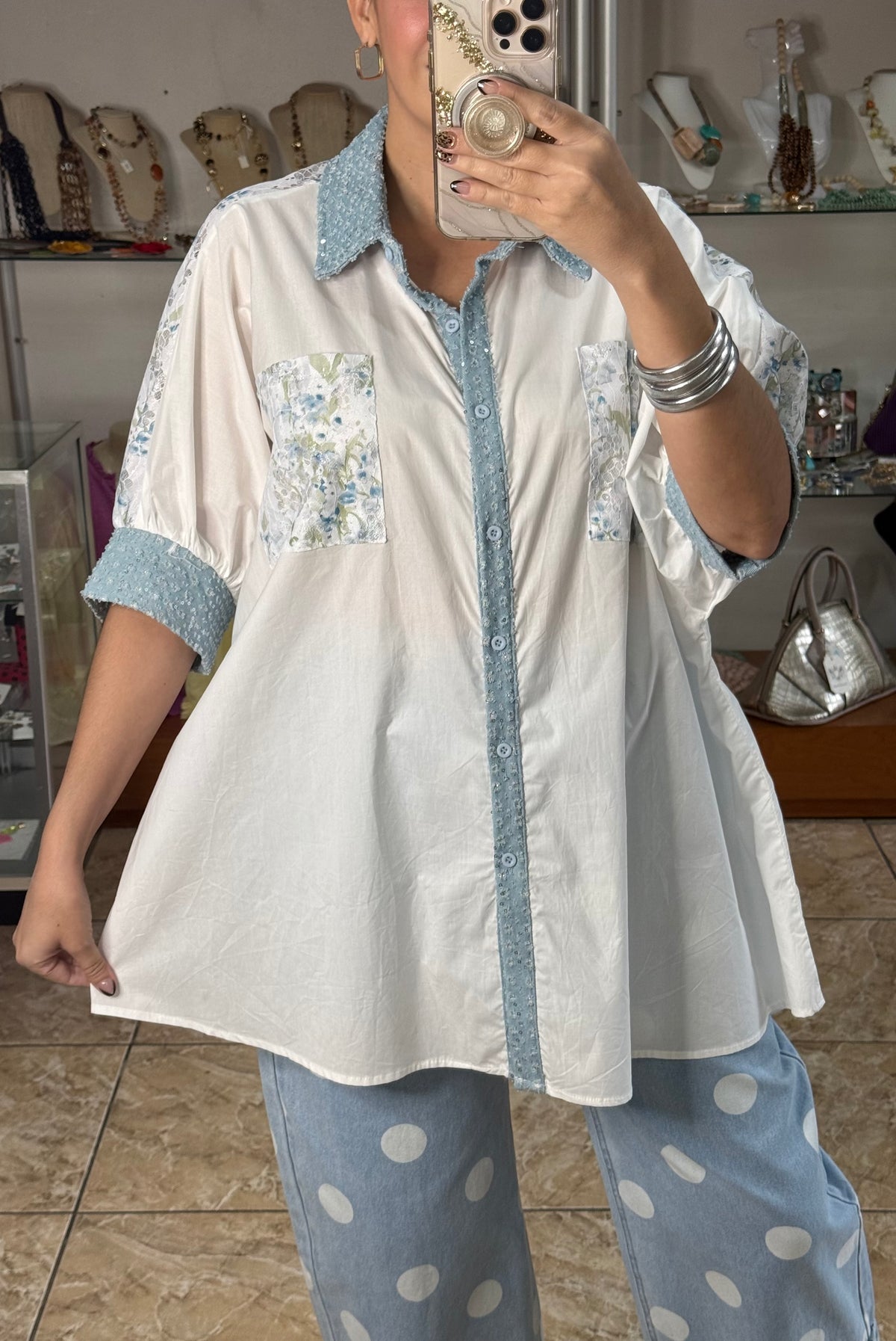 Lace & Denim Details OS Tunic Top (NO RETURNS OR EXCHANGE)