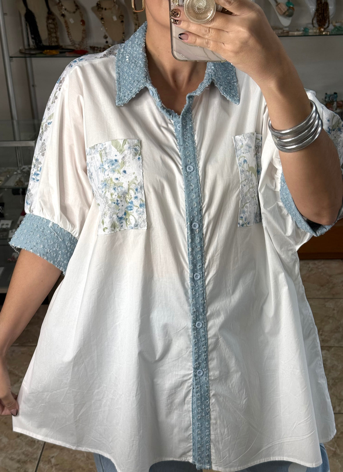 Lace & Denim Details OS Tunic Top (NO RETURNS OR EXCHANGE)