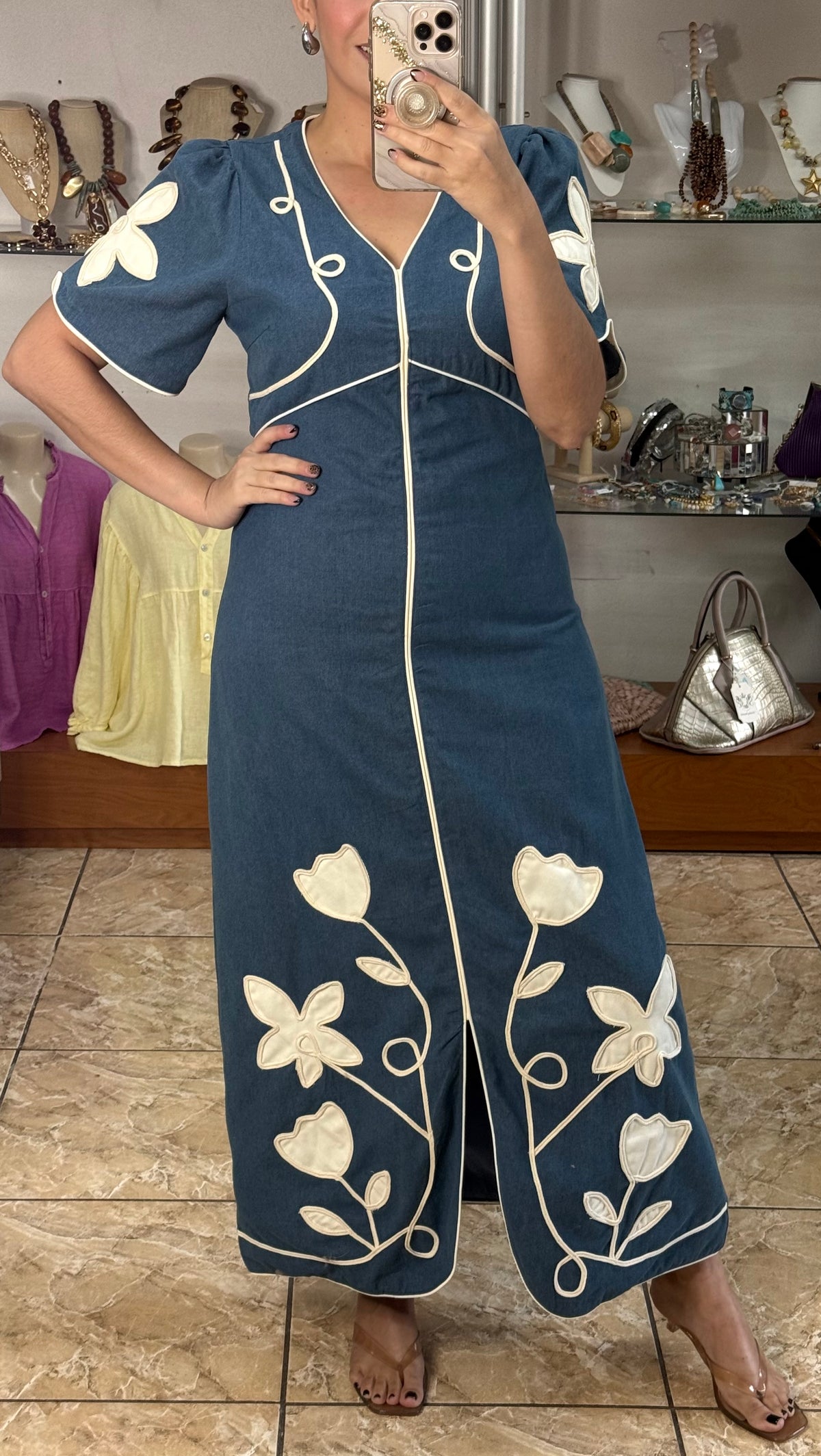 Floral Appliqué Denim Midi Dress