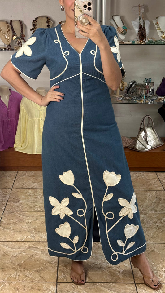 Floral Appliqué Denim Midi Dress