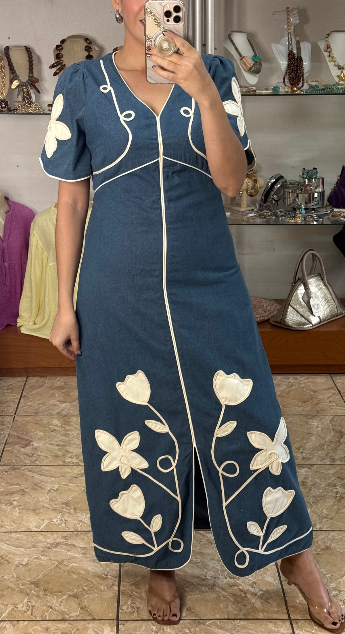Floral Appliqué Denim Midi Dress