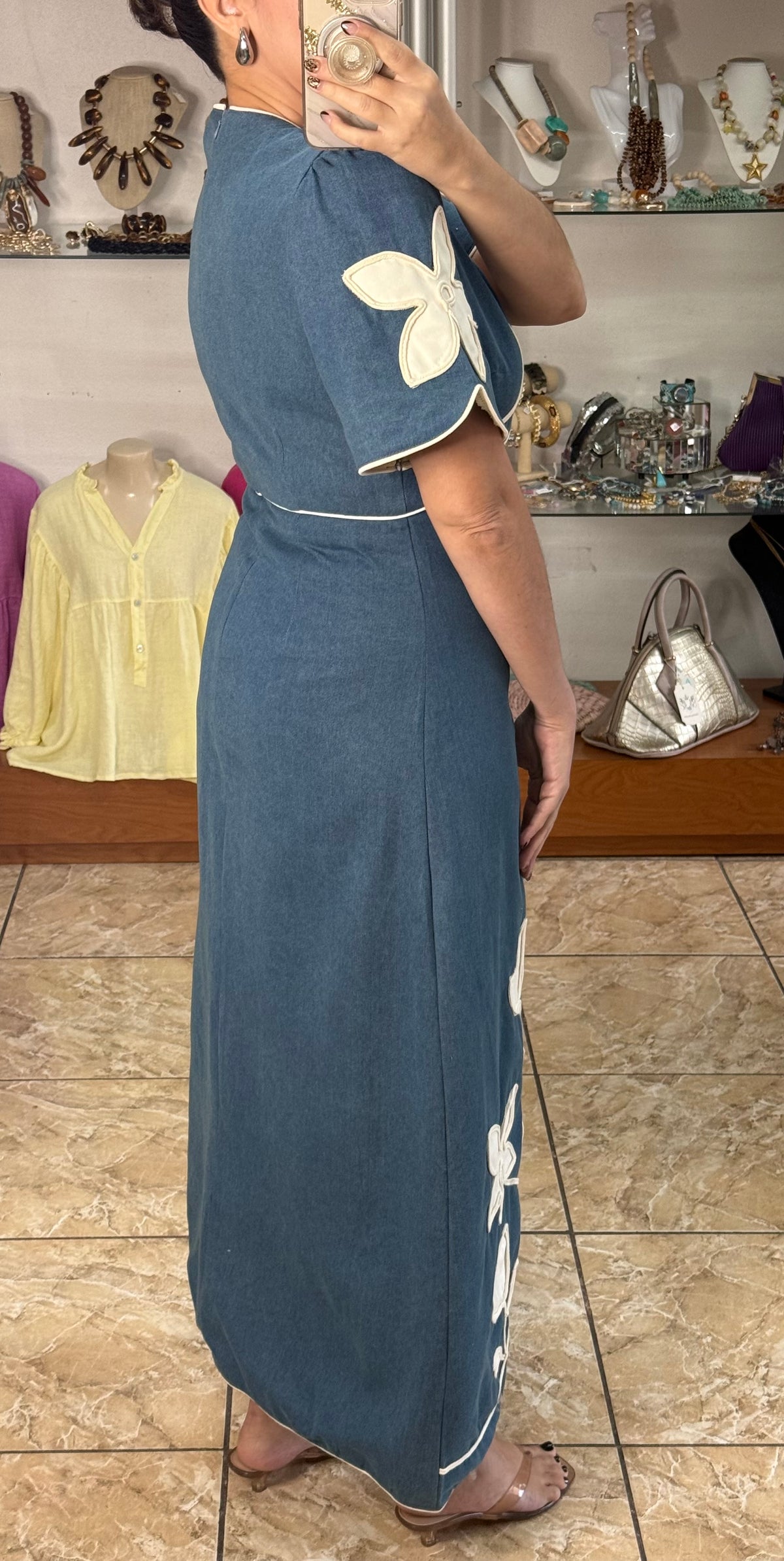 Floral Appliqué Denim Midi Dress