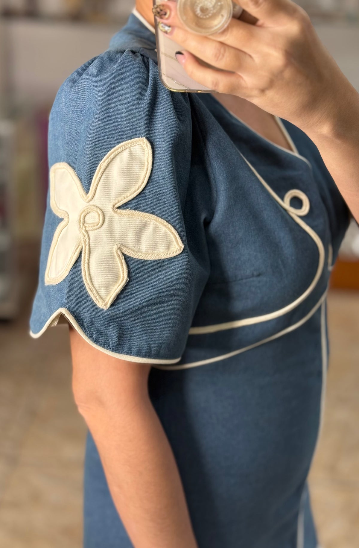 Floral Appliqué Denim Midi Dress