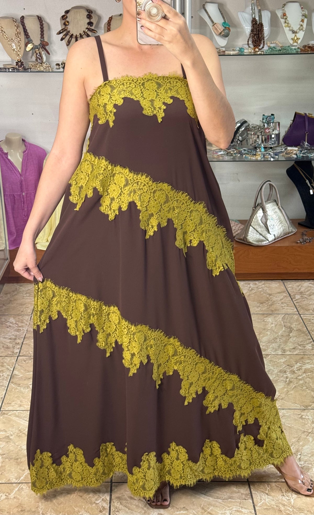 Lace Trim Chocolate Maxi Dress