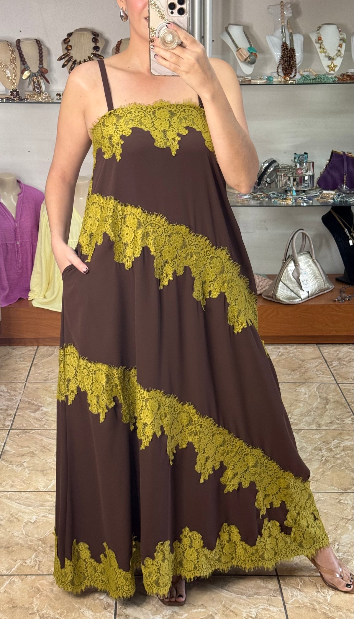 Lace Trim Chocolate Maxi Dress